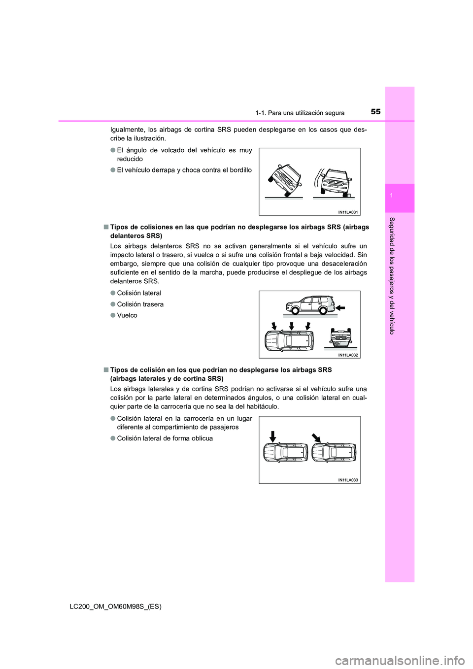 TOYOTA LAND CRUISER 2015  Manual del propietario (in Spanish) 551-1. Para una utilización segura
1
LC200_OM_OM60M98S_(ES)
Seguridad de los pasajeros y del vehículo
Igualmente, los airbags de cortina SRS pueden desplegarse en los casos que des-
cribe la ilustra
