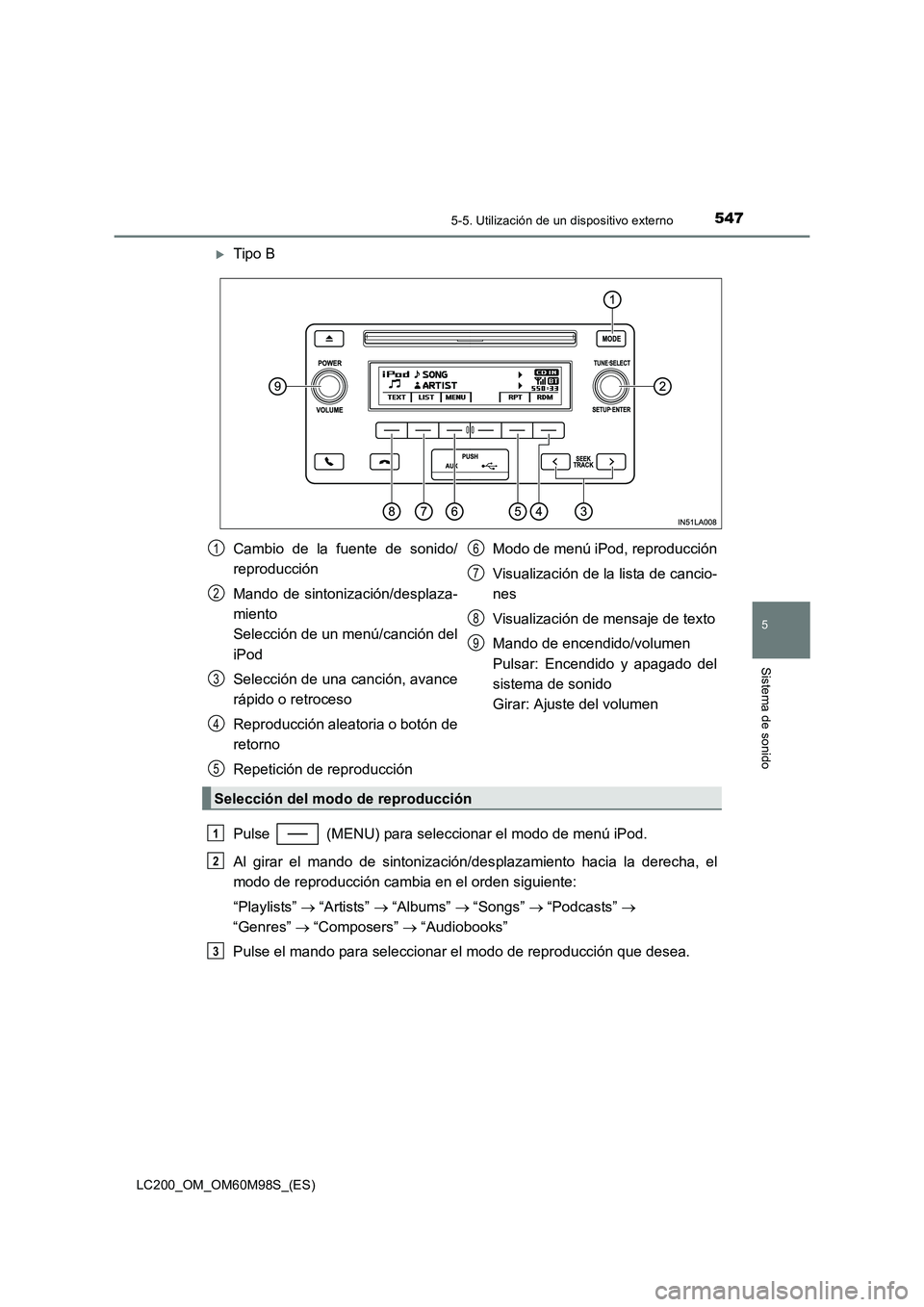TOYOTA LAND CRUISER 2015  Manual del propietario (in Spanish) 5475-5. Utilización de un dispositivo externo
5
Sistema de sonido
LC200_OM_OM60M98S_(ES)
�XTipo B
Pulse   (MENU) para seleccionar el modo de menú iPod.
Al girar el mando de sintonización/desplazami