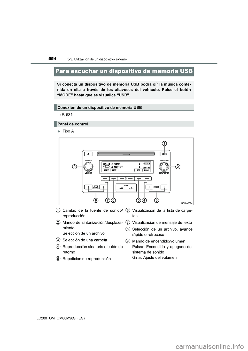 TOYOTA LAND CRUISER 2015  Manual del propietario (in Spanish) 5545-5. Utilización de un dispositivo externo
LC200_OM_OM60M98S_(ES)
Para escuchar un dispositivo de memoria USB
→P. 531
�XTipo A
Si conecta un dispositivo de memoria USB podrá oír la música con
