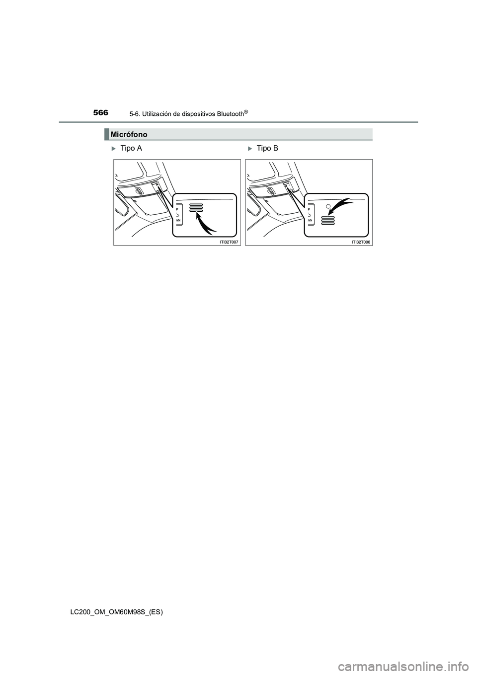TOYOTA LAND CRUISER 2015  Manual del propietario (in Spanish) 5665-6. Utilización de dispositivos Bluetooth®
LC200_OM_OM60M98S_(ES)
Micrófono
�XTipo A�XTipo B 