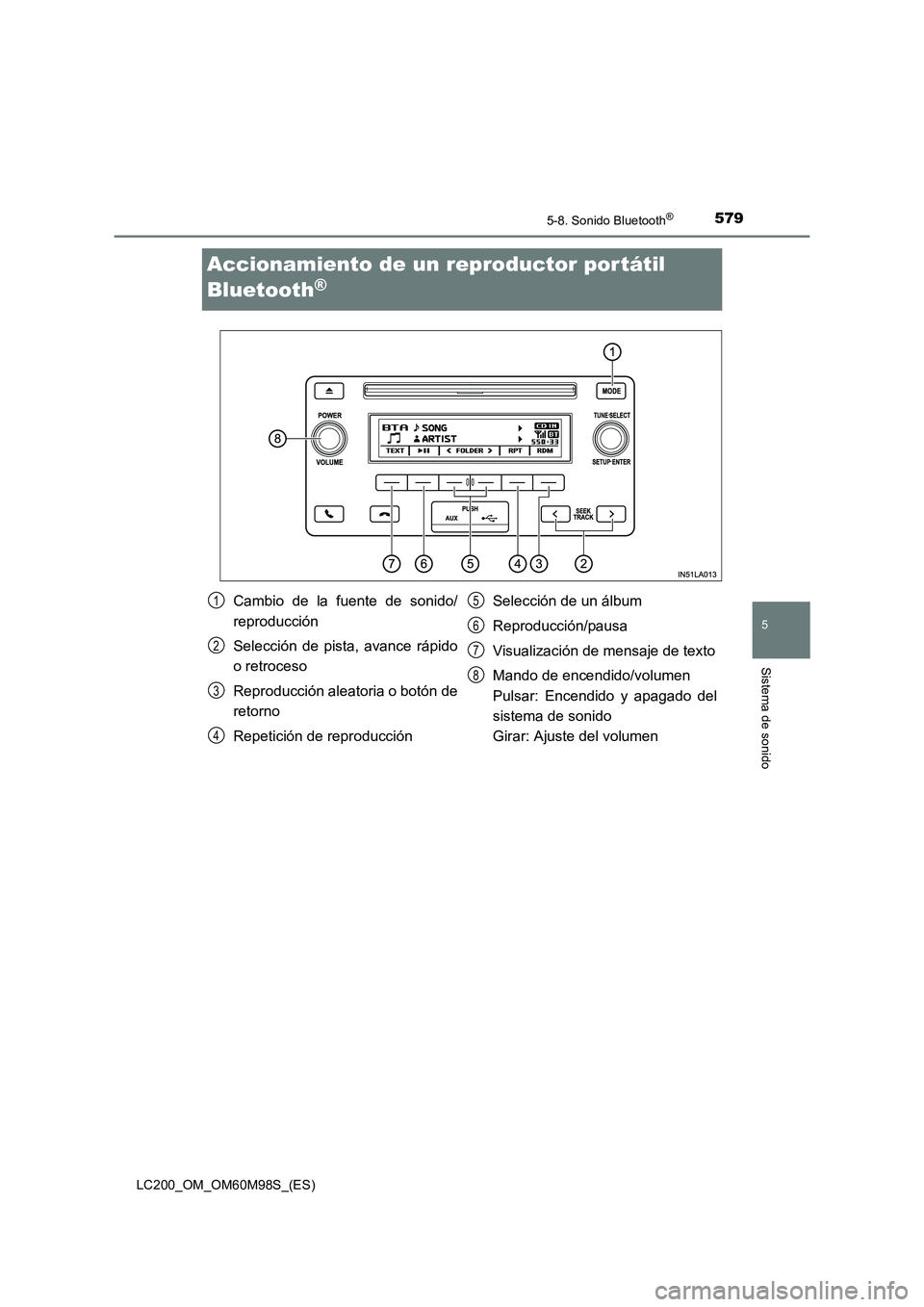 TOYOTA LAND CRUISER 2015 Manual del propietario (in Spanish) 579
5
5-8. Sonido Bluetooth®
Sistema de sonido
LC200_OM_OM60M98S_(ES)
Accionamiento de un reproductor portátil
Bluetooth
®
Cambio de la fuente de sonido/
reproducción
Selección de pista, avance TOYOTA LAND CRUISER 2015 Manual del propietario (in Spanish) 579
5
5-8. Sonido Bluetooth®
Sistema de sonido
LC200_OM_OM60M98S_(ES)
Accionamiento de un reproductor portátil
Bluetooth
®
Cambio de la fuente de sonido/
reproducción
Selección de pista, avance
