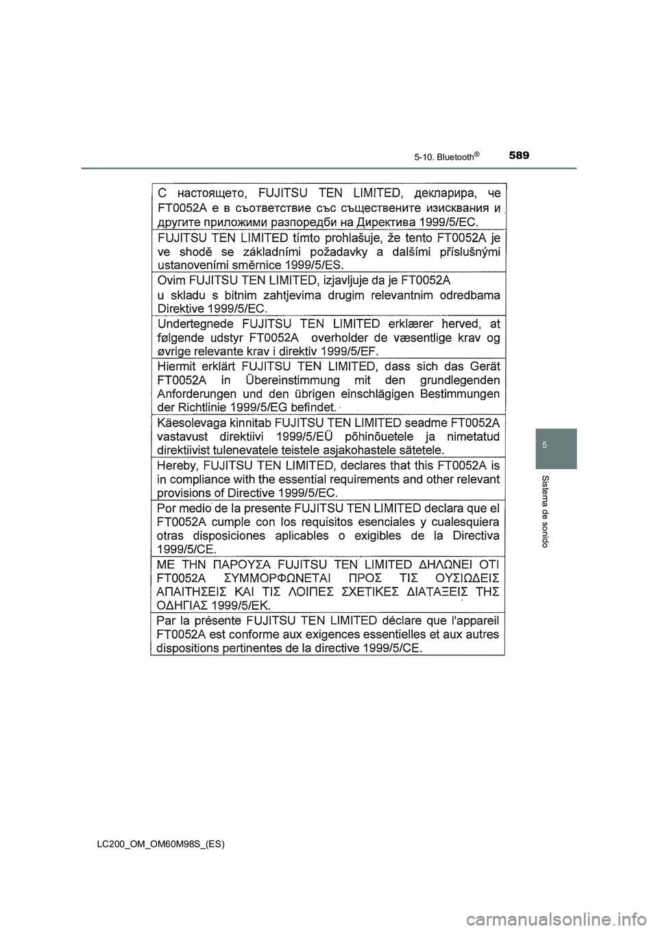 TOYOTA LAND CRUISER 2015  Manual del propietario (in Spanish) 5895-10. Bluetooth®
5
Sistema de sonido
LC200_OM_OM60M98S_(ES) 