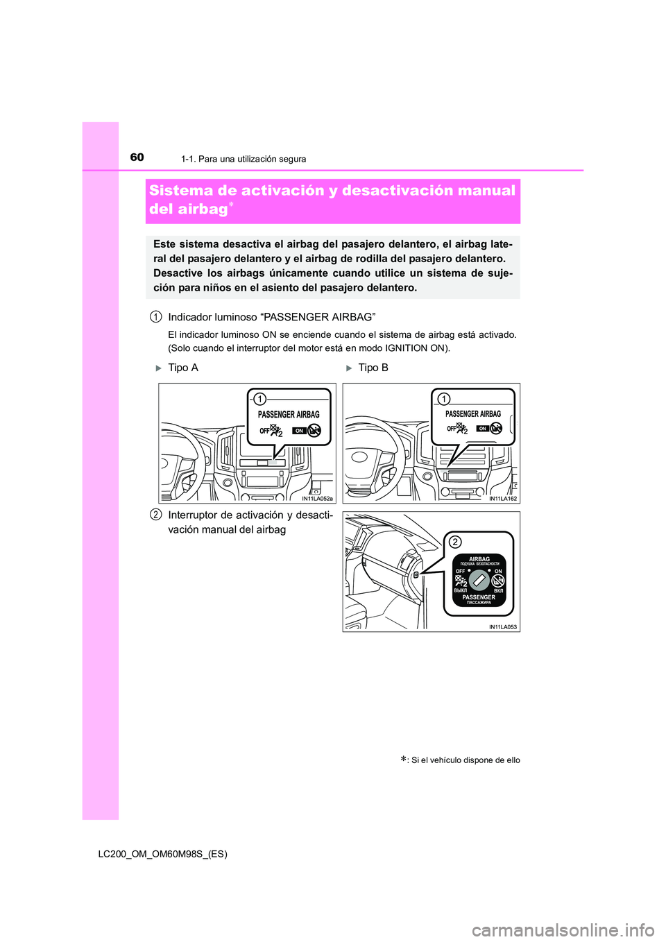 TOYOTA LAND CRUISER 2015  Manual del propietario (in Spanish) 601-1. Para una utilización segura
LC200_OM_OM60M98S_(ES)
Sistema de activación y desactivación manual 
del airbag
∗
Indicador luminoso “PASSENGER AIRBAG”
El indicador luminoso ON se enciende