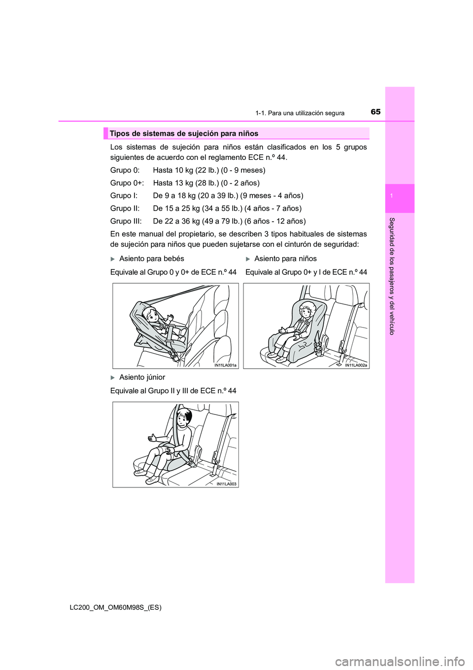 TOYOTA LAND CRUISER 2015  Manual del propietario (in Spanish) 651-1. Para una utilización segura
1
LC200_OM_OM60M98S_(ES)
Seguridad de los pasajeros y del vehículo
Los sistemas de sujeción para niños están clasificados en los 5 grupos
siguientes de acuerdo 