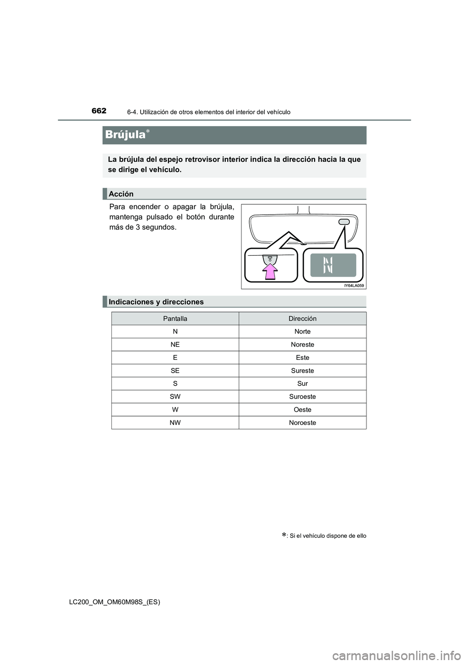 TOYOTA LAND CRUISER 2015  Manual del propietario (in Spanish) 6626-4. Utilización de otros elementos del interior del vehículo
LC200_OM_OM60M98S_(ES)
Brújula∗
Para encender o apagar la brújula,
mantenga pulsado el botón durante
más de 3 segundos.
∗: Si