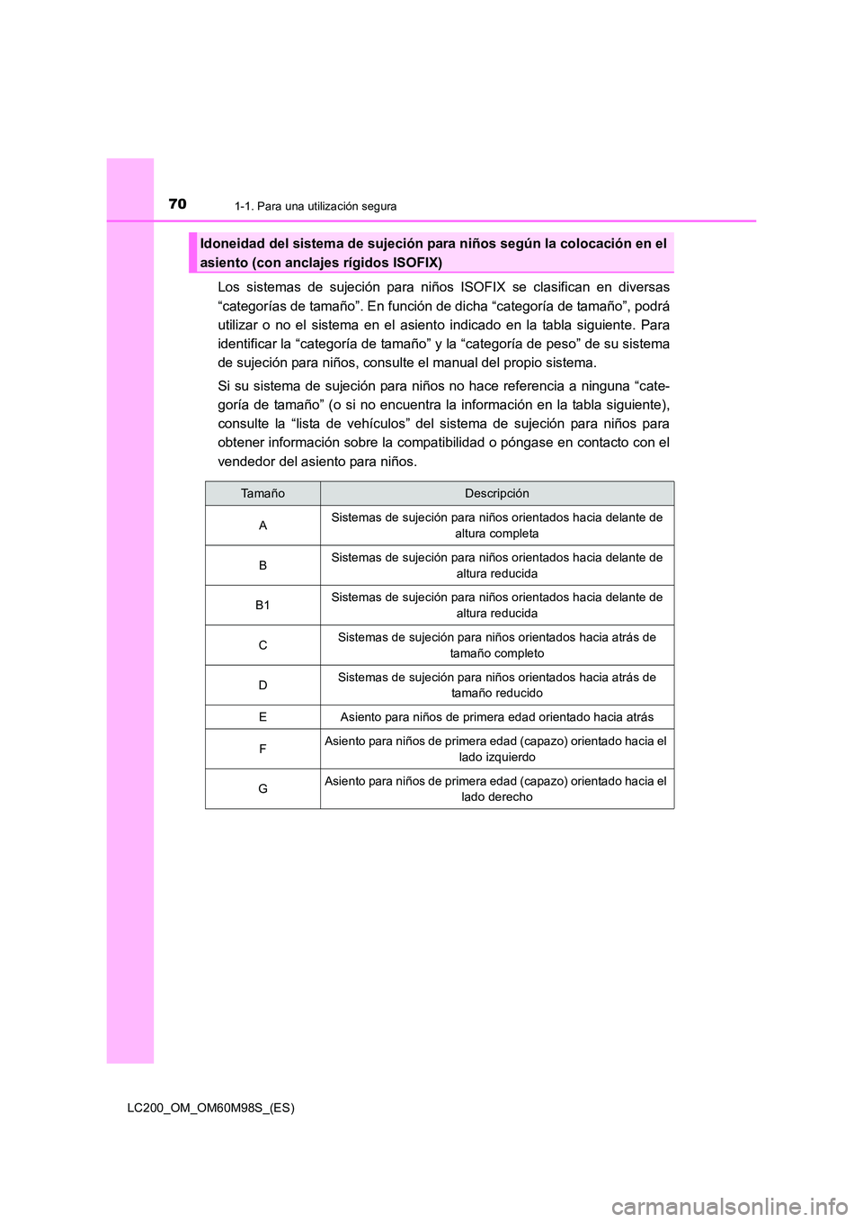 TOYOTA LAND CRUISER 2015  Manual del propietario (in Spanish) 701-1. Para una utilización segura
LC200_OM_OM60M98S_(ES)
Los sistemas de sujeción para niños ISOFIX se clasifican en diversas
“categorías de tamaño”. En función de dicha “categoría de ta