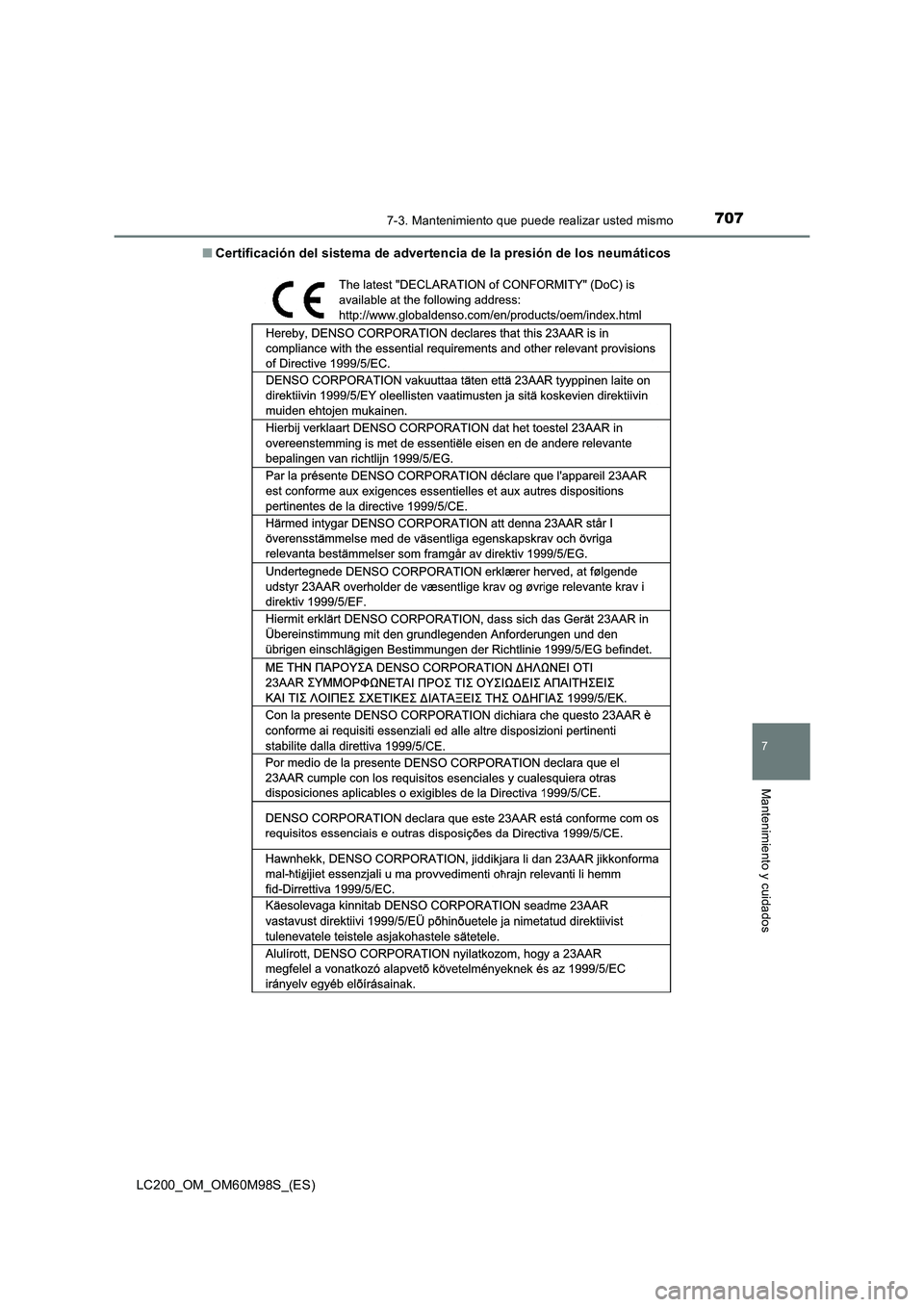 TOYOTA LAND CRUISER 2015 Manual del propietario (in Spanish) 7077-3. Mantenimiento que puede realizar usted mismo
LC200_OM_OM60M98S_(ES)
7
Mantenimiento y cuidados
■Certificación del sistema de advertencia de la presión de los neumáticos TOYOTA LAND CRUISER 2015 Manual del propietario (in Spanish) 7077-3. Mantenimiento que puede realizar usted mismo
LC200_OM_OM60M98S_(ES)
7
Mantenimiento y cuidados
■Certificación del sistema de advertencia de la presión de los neumáticos