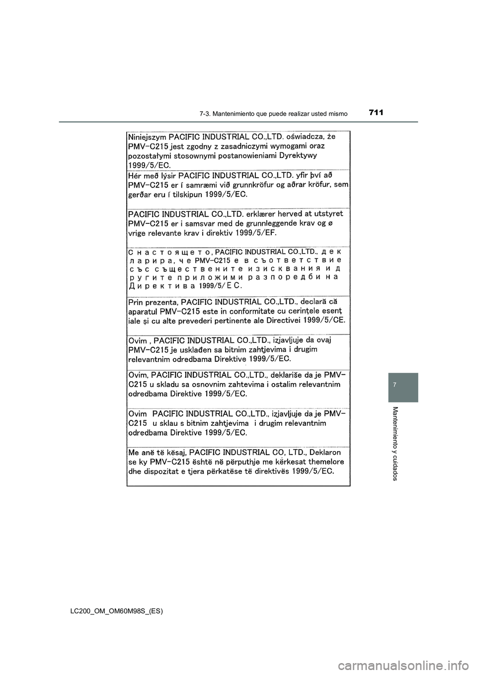 TOYOTA LAND CRUISER 2015  Manual del propietario (in Spanish) 7117-3. Mantenimiento que puede realizar usted mismo
LC200_OM_OM60M98S_(ES)
7
Mantenimiento y cuidados 