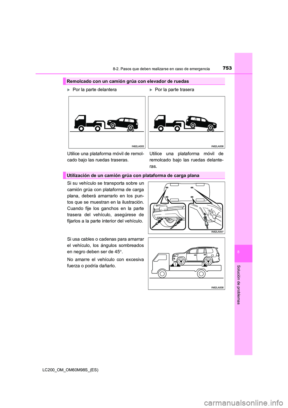 TOYOTA LAND CRUISER 2015  Manual del propietario (in Spanish) 7538-2. Pasos que deben realizarse en caso de emergencia
LC200_OM_OM60M98S_(ES)
8
Solución de problemas
Si su vehículo se transporta sobre un
camión grúa con plataforma de carga
plana, deberá ama