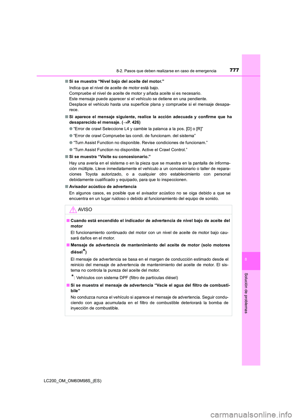 TOYOTA LAND CRUISER 2015 Manual del propietario (in Spanish) 7778-2. Pasos que deben realizarse en caso de emergencia
LC200_OM_OM60M98S_(ES)
8
Solución de problemas
■Si se muestra “Nivel bajo del aceite del motor.”
Indica que el nivel de aceite de motor TOYOTA LAND CRUISER 2015 Manual del propietario (in Spanish) 7778-2. Pasos que deben realizarse en caso de emergencia
LC200_OM_OM60M98S_(ES)
8
Solución de problemas
■Si se muestra “Nivel bajo del aceite del motor.”
Indica que el nivel de aceite de motor