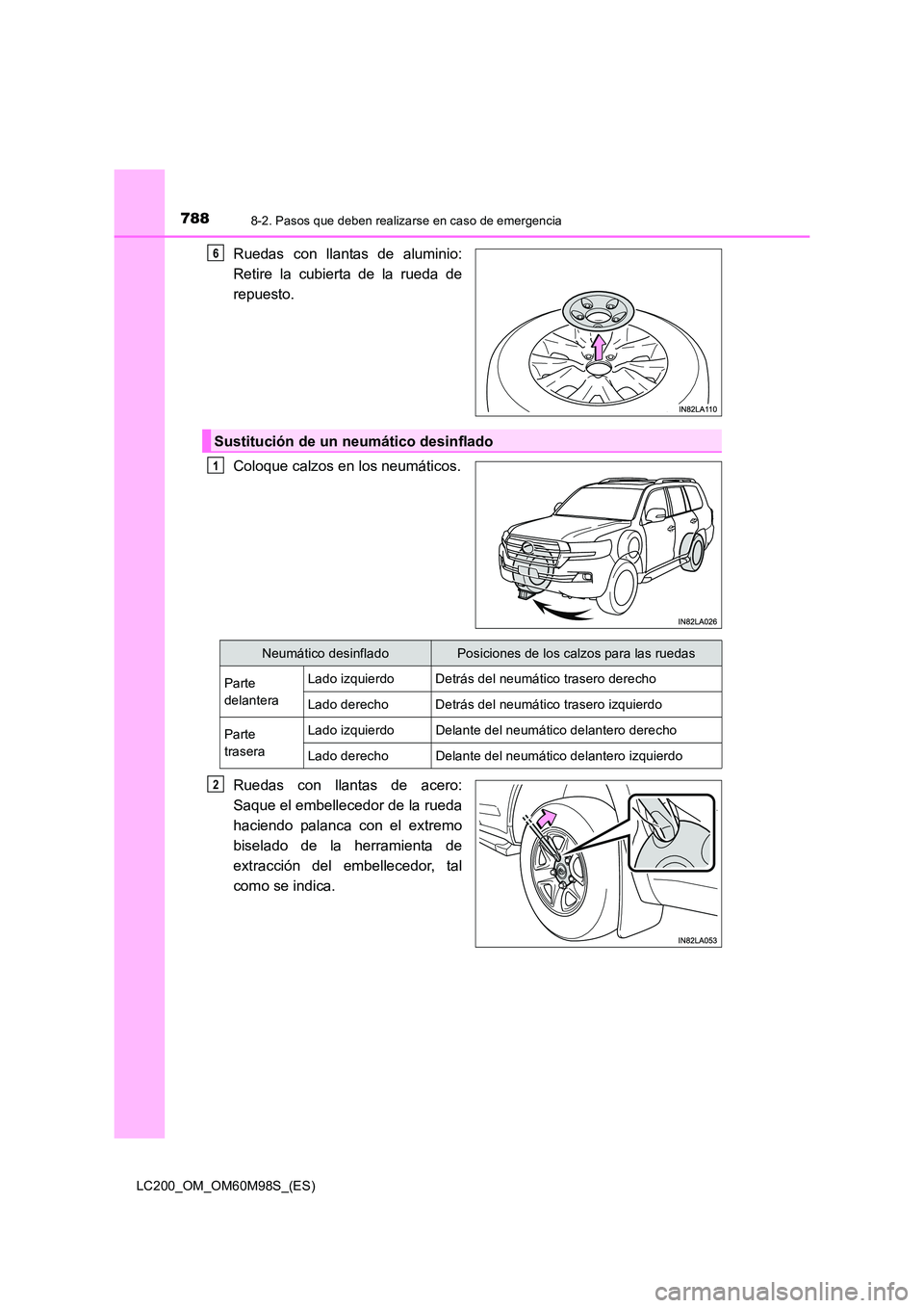 TOYOTA LAND CRUISER 2016  Manual del propietario (in Spanish) 7888-2. Pasos que deben realizarse en caso de emergencia
LC200_OM_OM60M98S_(ES)
Ruedas con llantas de aluminio:
Retire la cubierta de la rueda de
repuesto.
Coloque calzos en los neumáticos.
Ruedas co