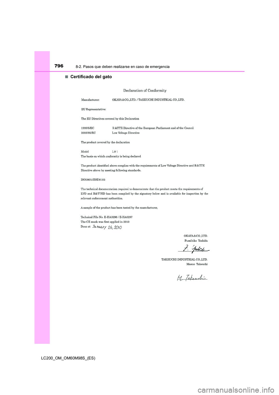 TOYOTA LAND CRUISER 2015  Manual del propietario (in Spanish) 7968-2. Pasos que deben realizarse en caso de emergencia
LC200_OM_OM60M98S_(ES)■
Certificado del gato 