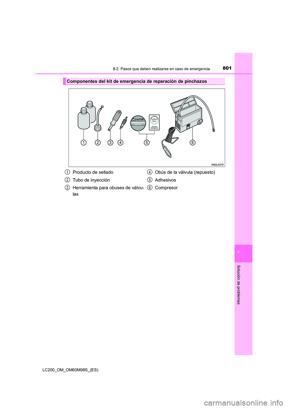TOYOTA LAND CRUISER 2015 Manual del propietario (in Spanish) 8018-2. Pasos que deben realizarse en caso de emergencia
LC200_OM_OM60M98S_(ES)
8
Solución de problemas
Componentes del kit de emergencia de reparación de pinchazos
Producto de sellado
Tubo de inyec TOYOTA LAND CRUISER 2015 Manual del propietario (in Spanish) 8018-2. Pasos que deben realizarse en caso de emergencia
LC200_OM_OM60M98S_(ES)
8
Solución de problemas
Componentes del kit de emergencia de reparación de pinchazos
Producto de sellado
Tubo de inyec