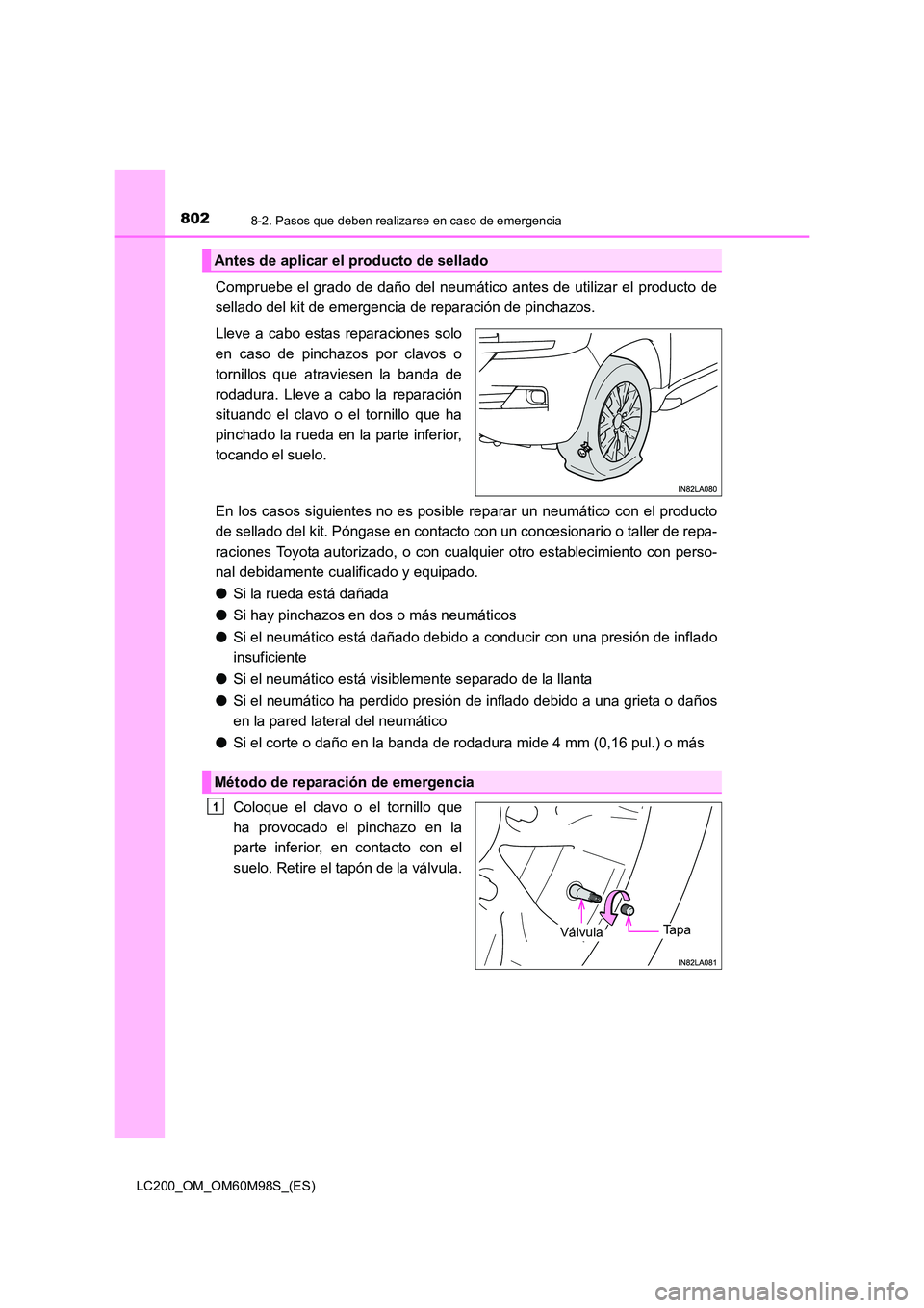 TOYOTA LAND CRUISER 2015 Manual del propietario (in Spanish) 8028-2. Pasos que deben realizarse en caso de emergencia
LC200_OM_OM60M98S_(ES)
Compruebe el grado de daño del neumático antes de utilizar el producto de
sellado del kit de emergencia de reparación TOYOTA LAND CRUISER 2015 Manual del propietario (in Spanish) 8028-2. Pasos que deben realizarse en caso de emergencia
LC200_OM_OM60M98S_(ES)
Compruebe el grado de daño del neumático antes de utilizar el producto de
sellado del kit de emergencia de reparación