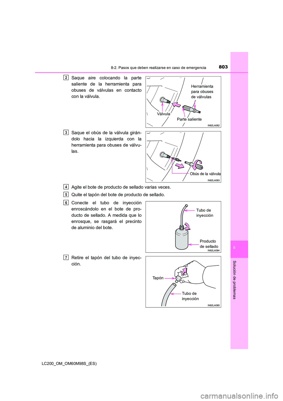 TOYOTA LAND CRUISER 2015 Manual del propietario (in Spanish) 8038-2. Pasos que deben realizarse en caso de emergencia
LC200_OM_OM60M98S_(ES)
8
Solución de problemas
Saque aire colocando la parte
saliente de la herramienta para
obuses de válvulas en contacto
c TOYOTA LAND CRUISER 2015 Manual del propietario (in Spanish) 8038-2. Pasos que deben realizarse en caso de emergencia
LC200_OM_OM60M98S_(ES)
8
Solución de problemas
Saque aire colocando la parte
saliente de la herramienta para
obuses de válvulas en contacto
c