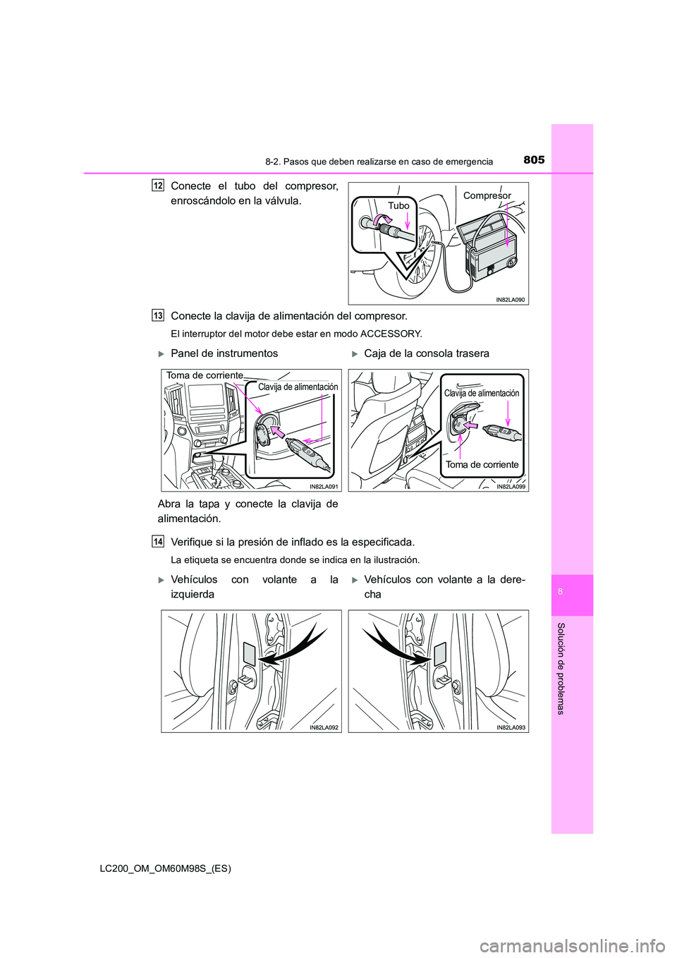 TOYOTA LAND CRUISER 2015 Manual del propietario (in Spanish) 8058-2. Pasos que deben realizarse en caso de emergencia
LC200_OM_OM60M98S_(ES)
8
Solución de problemas
Conecte el tubo del compresor,
enroscándolo en la válvula.
Conecte la clavija de alimentació TOYOTA LAND CRUISER 2015 Manual del propietario (in Spanish) 8058-2. Pasos que deben realizarse en caso de emergencia
LC200_OM_OM60M98S_(ES)
8
Solución de problemas
Conecte el tubo del compresor,
enroscándolo en la válvula.
Conecte la clavija de alimentació