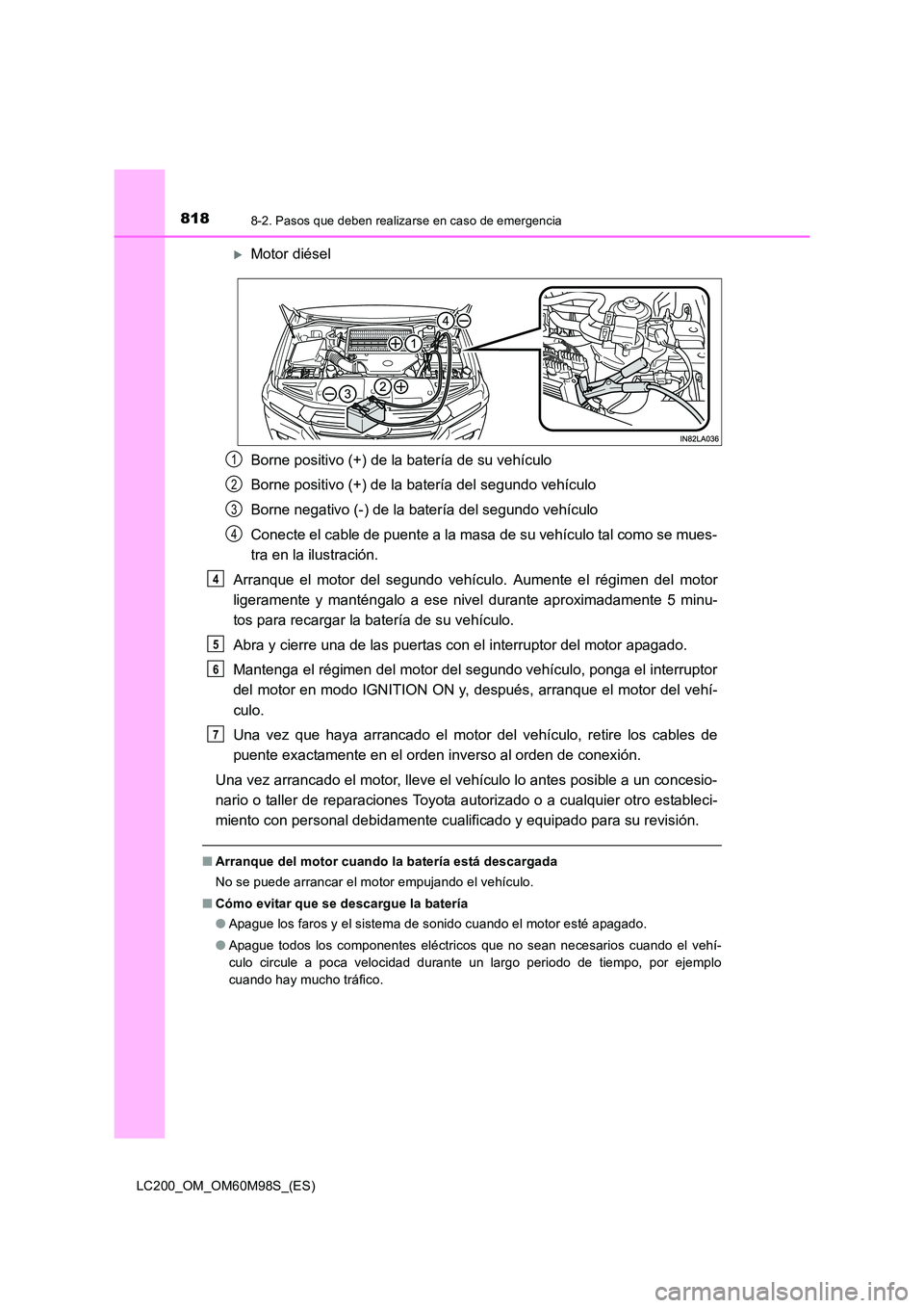 TOYOTA LAND CRUISER 2016  Manual del propietario (in Spanish) 8188-2. Pasos que deben realizarse en caso de emergencia
LC200_OM_OM60M98S_(ES)
�XMotor diésel
Borne positivo (+) de la batería de su vehículo
Borne positivo (+) de la batería del segundo vehícul