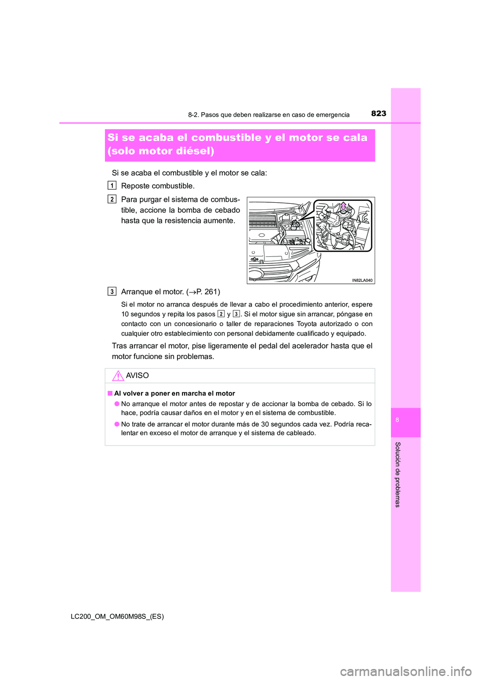 TOYOTA LAND CRUISER 2016 Manual del propietario (in Spanish) 8238-2. Pasos que deben realizarse en caso de emergencia
LC200_OM_OM60M98S_(ES)
8
Solución de problemas
Si se acaba el combustible y el motor se cala
(solo motor diésel)
Si se acaba el combustible TOYOTA LAND CRUISER 2016 Manual del propietario (in Spanish) 8238-2. Pasos que deben realizarse en caso de emergencia
LC200_OM_OM60M98S_(ES)
8
Solución de problemas
Si se acaba el combustible y el motor se cala
(solo motor diésel)
Si se acaba el combustible