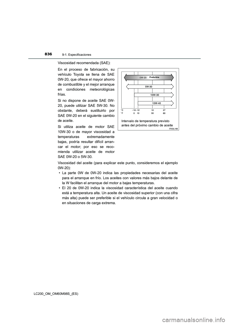 TOYOTA LAND CRUISER 2015  Manual del propietario (in Spanish) 8369-1. Especificaciones
LC200_OM_OM60M98S_(ES)
Viscosidad recomendada (SAE):
En el proceso de fabricación, su
vehículo Toyota se llena de SAE
0W-20, que ofrece el mayor ahorro
de combustible y el m