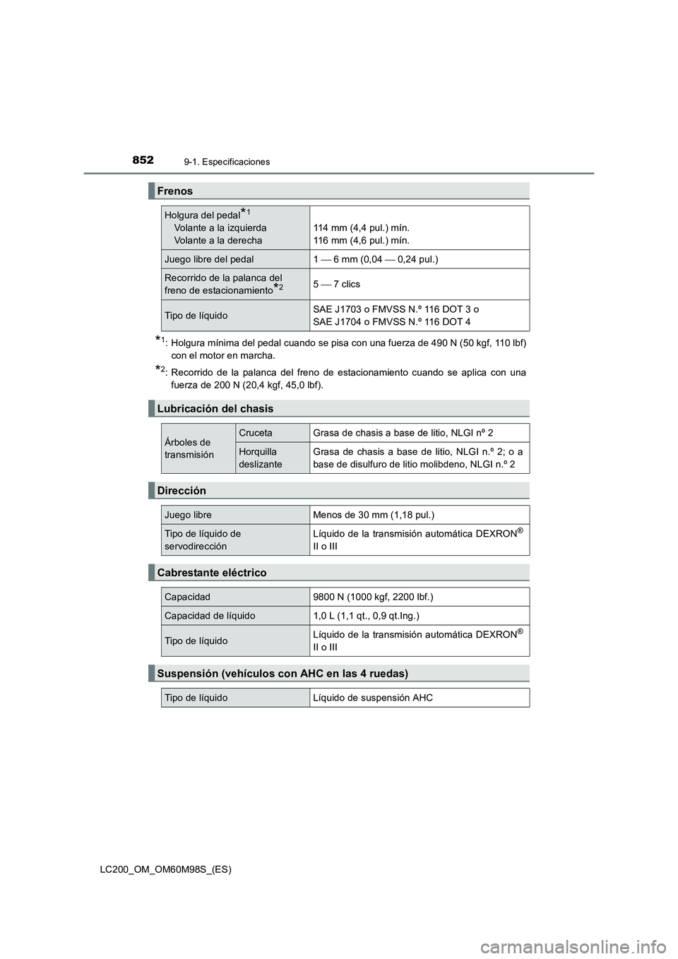 TOYOTA LAND CRUISER 2015  Manual del propietario (in Spanish) 8529-1. Especificaciones
LC200_OM_OM60M98S_(ES)
*1: Holgura mínima del pedal cuando se pisa con una fuerza de 490 N (50 kgf, 110 lbf)con el motor en marcha.
*2: Recorrido de la palanca del freno de e