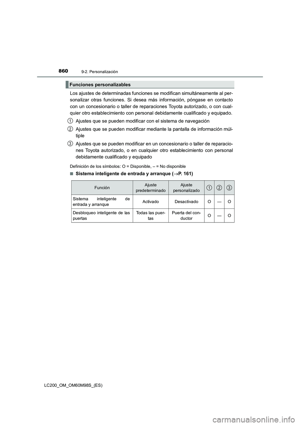 TOYOTA LAND CRUISER 2015  Manual del propietario (in Spanish) 8609-2. Personalización
LC200_OM_OM60M98S_(ES)
Los ajustes de determinadas funciones se modifican simultáneamente al per-
sonalizar otras funciones. Si desea más información, póngase en contacto
