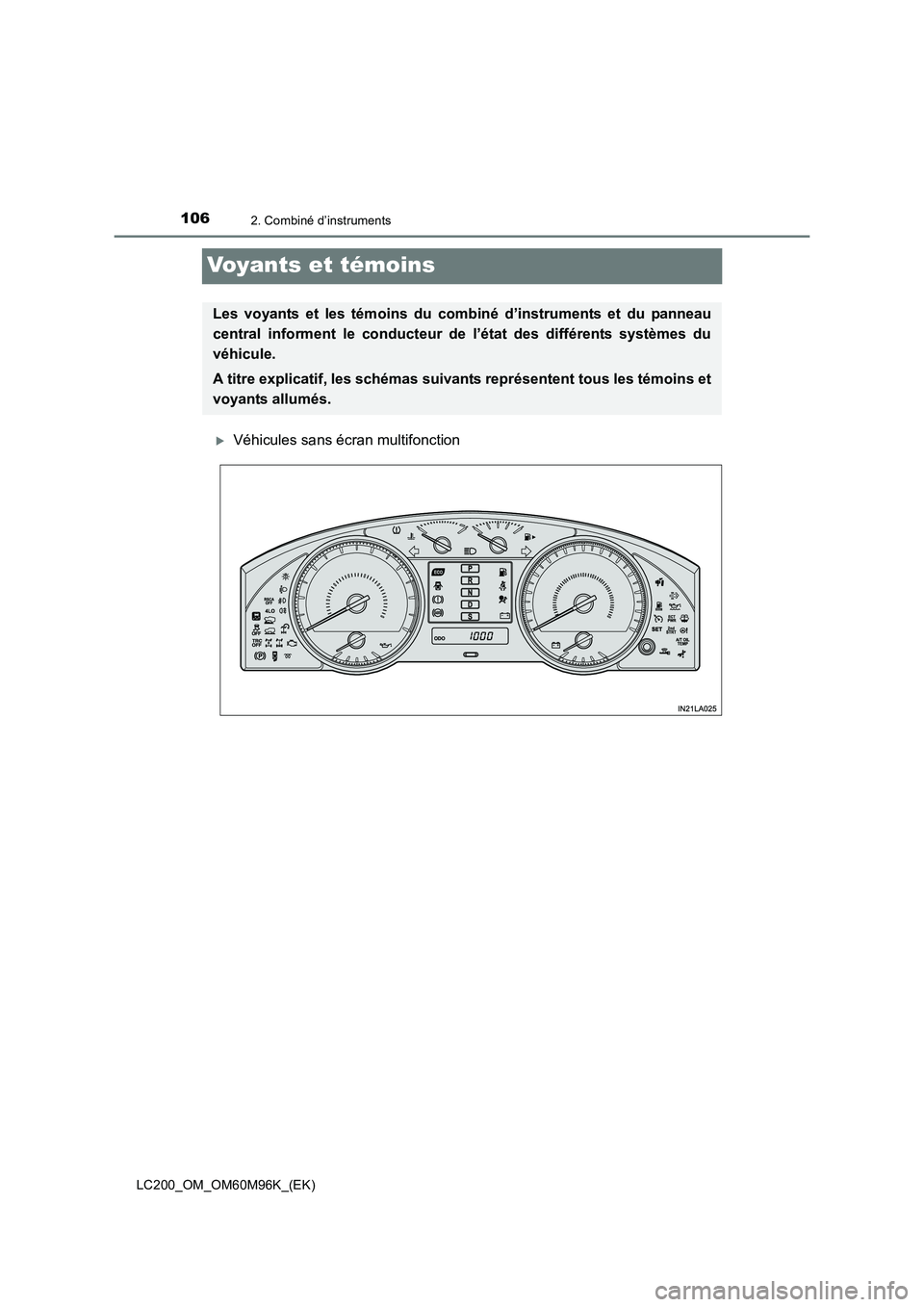 TOYOTA LAND CRUISER 2016  Manuel du propriétaire (in French) 1062. Combiné d’instruments
LC200_OM_OM60M96K_(EK)
Voyants et témoins
�XVéhicules sans écran multifonction
Les voyants et les témoins du combiné d’instruments et du panneau
central informent