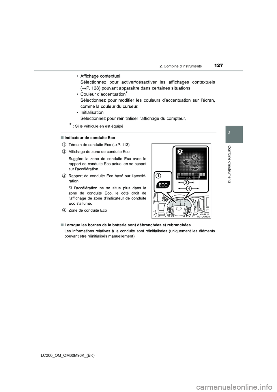 TOYOTA LAND CRUISER 2015  Manuel du propriétaire (in French) 1272. Combiné d’instruments
2
Combiné d’instruments
LC200_OM_OM60M96K_(EK)
• Affichage contextuel Sélectionnez pour activer/désactiver les affichages contextuels
(→ P. 128) pouvant appara
