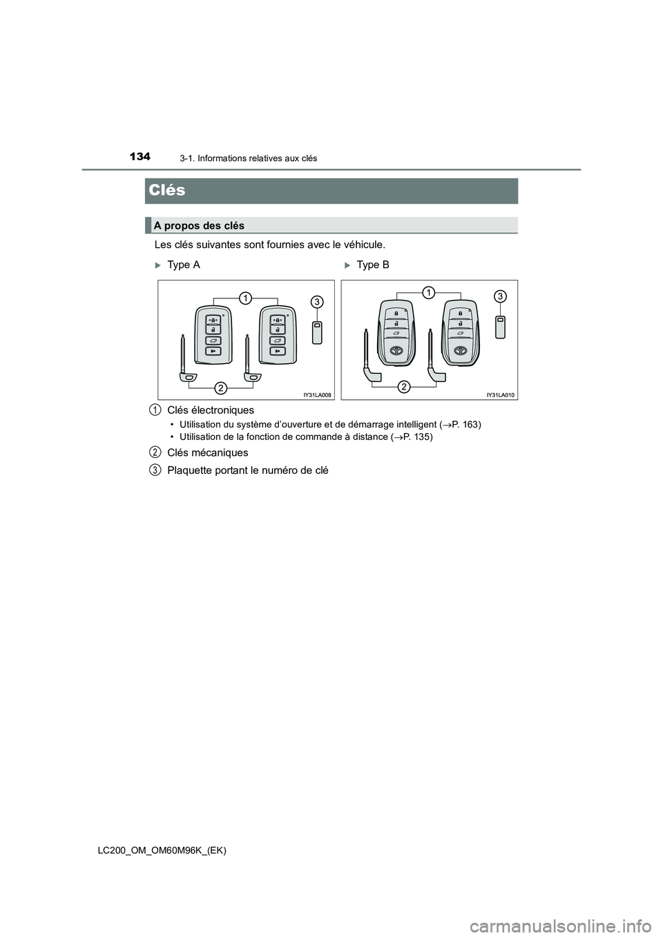 TOYOTA LAND CRUISER 2015  Manuel du propriétaire (in French) 1343-1. Informations relatives aux clés
LC200_OM_OM60M96K_(EK)
Clés
Les clés suivantes sont fournies avec le véhicule.Clés électroniques
• Utilisation du système d’ouverture et de démarrag