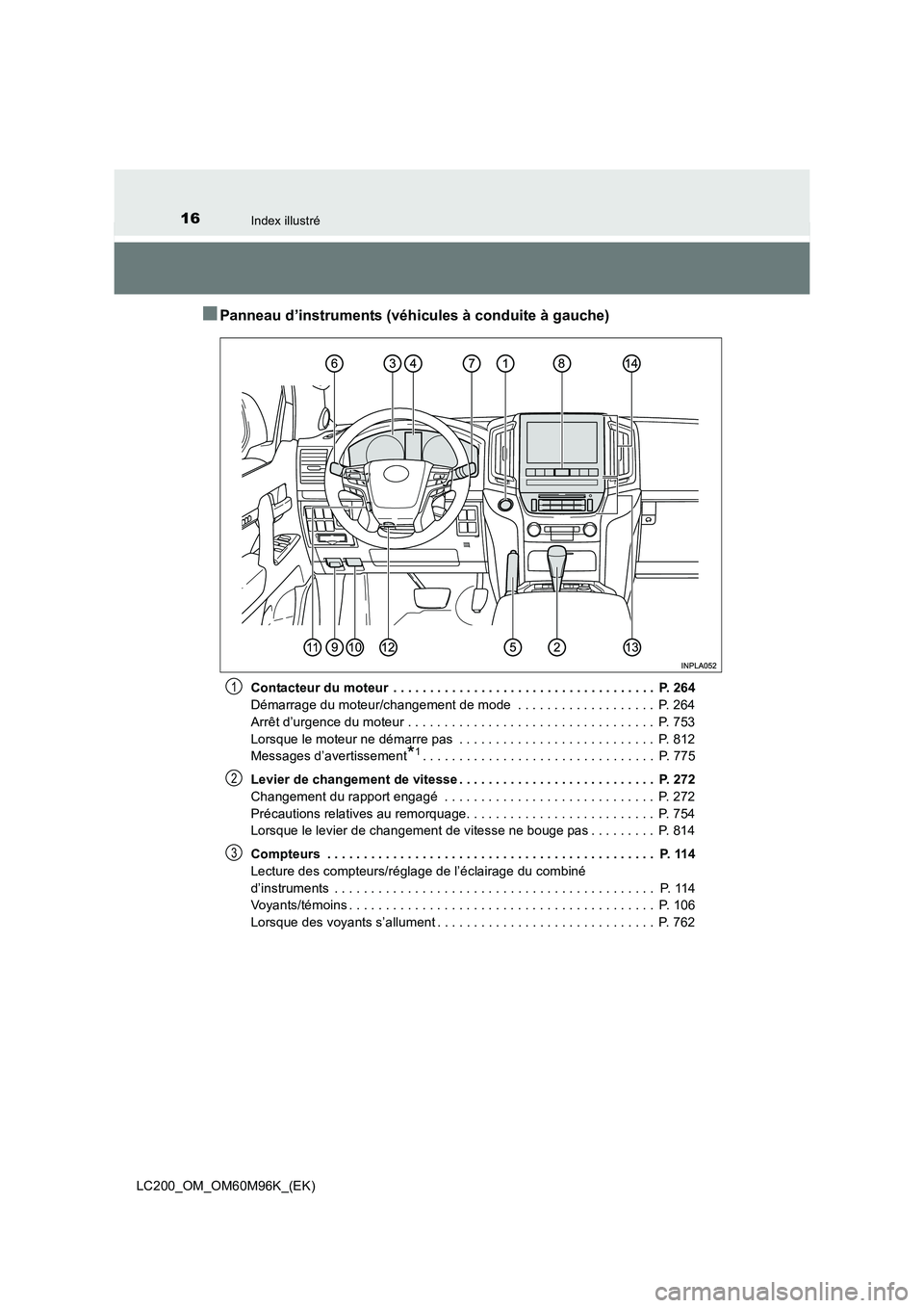 TOYOTA LAND CRUISER 2015  Manuel du propriétaire (in French) 16Index illustré
LC200_OM_OM60M96K_(EK)
■Panneau d’instruments (véhicules à conduite à gauche)
Contacteur du moteur  . . . . . . . . . . . . . . . . . . . . . . . . . . . . . . . . . . . .  P.