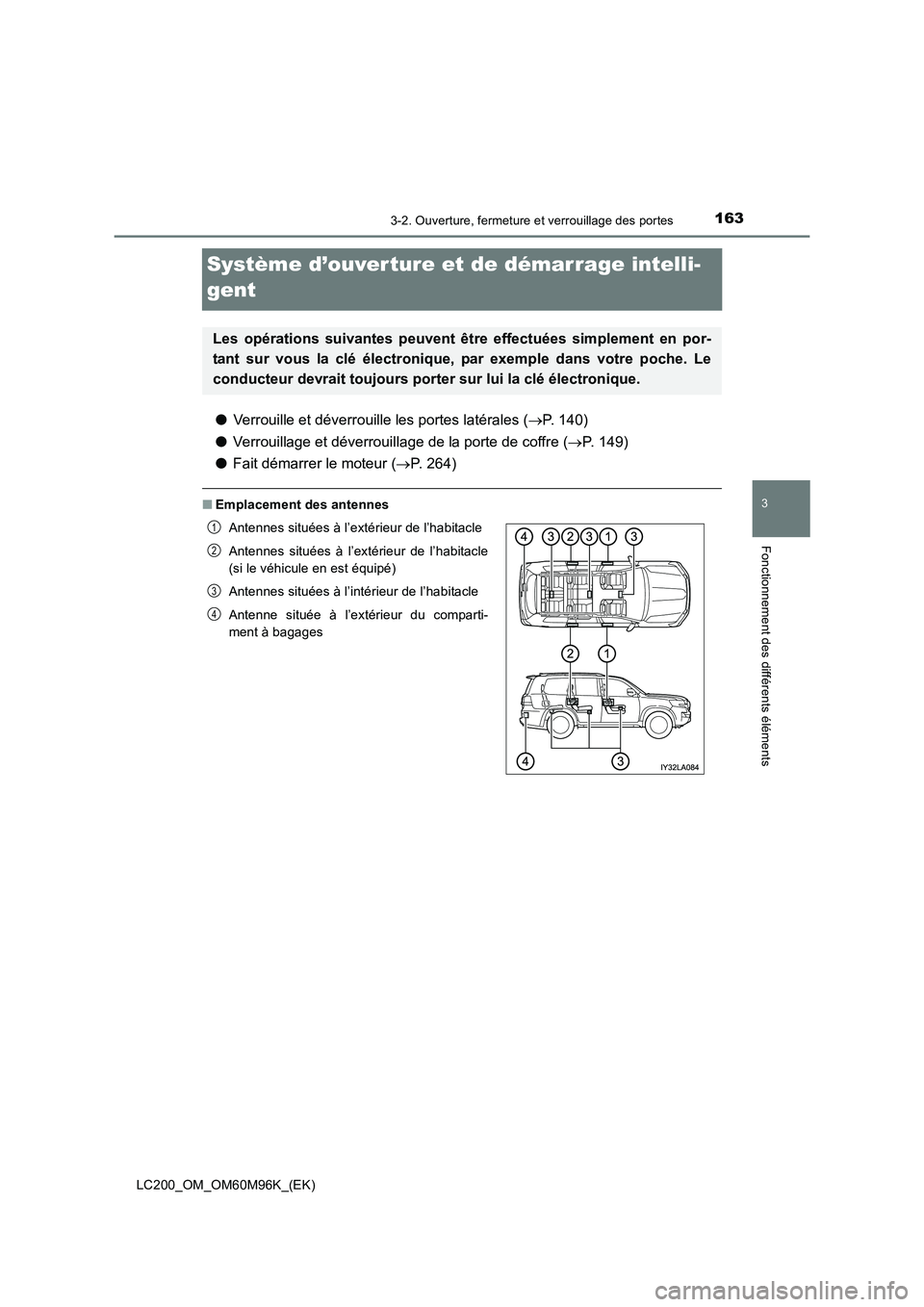 TOYOTA LAND CRUISER 2015 Manuel du propriétaire (in French) 163
3
3-2. Ouverture, fermeture et verrouillage des portes
Fonctionnement des différents éléments
LC200_OM_OM60M96K_(EK)
Système d’ouverture et de démarrage intelli-
gent
●Verrouille et déve TOYOTA LAND CRUISER 2015 Manuel du propriétaire (in French) 163
3
3-2. Ouverture, fermeture et verrouillage des portes
Fonctionnement des différents éléments
LC200_OM_OM60M96K_(EK)
Système d’ouverture et de démarrage intelli-
gent
●Verrouille et déve
