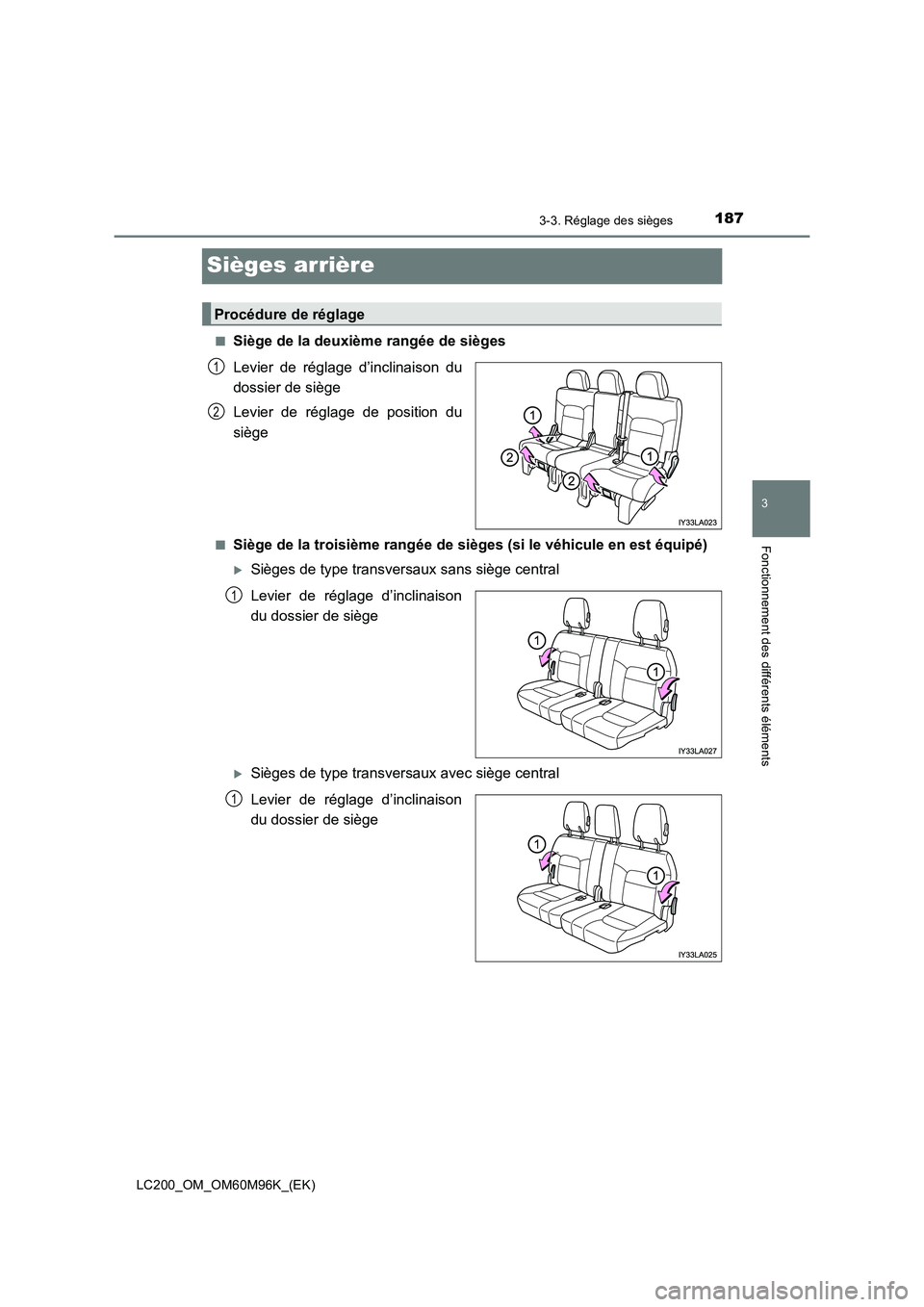 TOYOTA LAND CRUISER 2015  Manuel du propriétaire (in French) 187
3
3-3. Réglage des sièges
Fonctionnement des différents éléments
LC200_OM_OM60M96K_(EK)
Sièges arrière
■Siège de la deuxième rangée de sièges
Levier de réglage d’inclinaison du
dos
