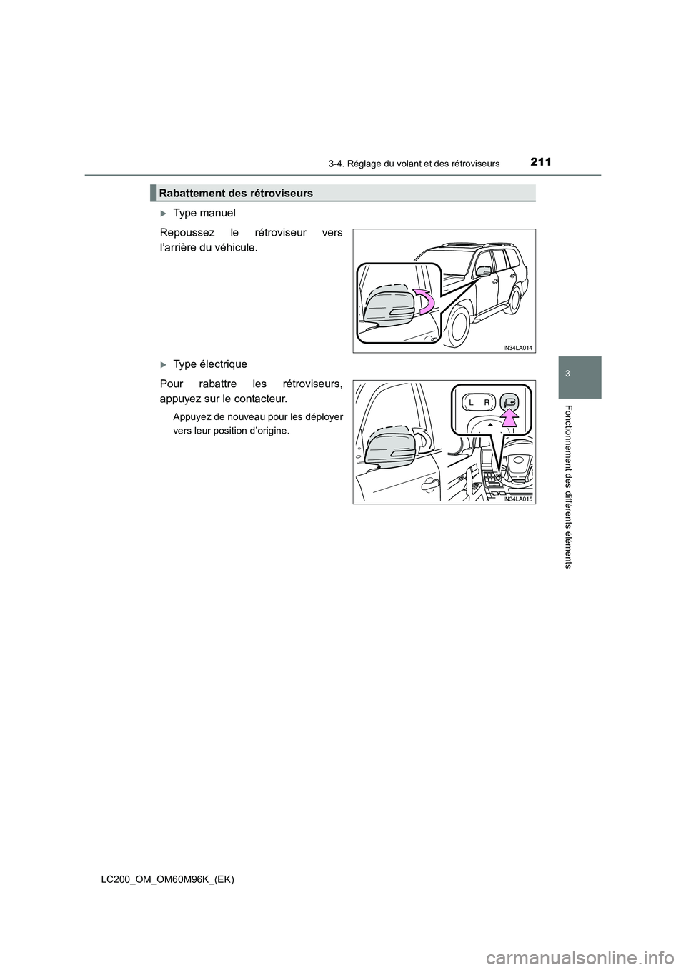 TOYOTA LAND CRUISER 2015  Manuel du propriétaire (in French) 2113-4. Réglage du volant et des rétroviseurs
3
Fonctionnement des différents éléments
LC200_OM_OM60M96K_(EK)
�XType manuel
Repoussez le rétroviseur vers
l’arrière du véhicule.
�XType élect