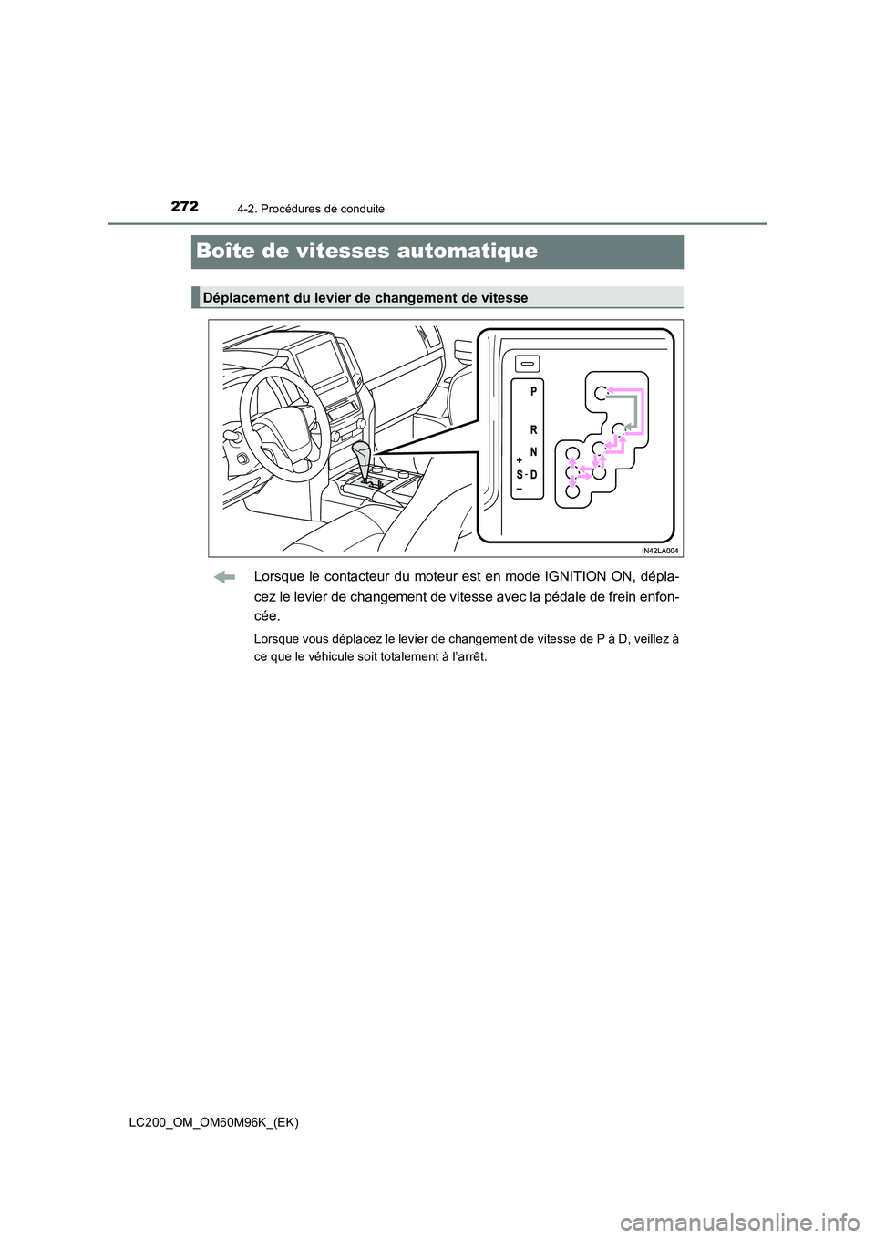 TOYOTA LAND CRUISER 2015 Manuel du propriétaire (in French) 2724-2. Procédures de conduite
LC200_OM_OM60M96K_(EK)
Boîte de vitesses automatique
Lorsque le contacteur du moteur est en mode IGNITION ON, dépla-
cez le levier de changement de vitesse avec la p TOYOTA LAND CRUISER 2015 Manuel du propriétaire (in French) 2724-2. Procédures de conduite
LC200_OM_OM60M96K_(EK)
Boîte de vitesses automatique
Lorsque le contacteur du moteur est en mode IGNITION ON, dépla-
cez le levier de changement de vitesse avec la p