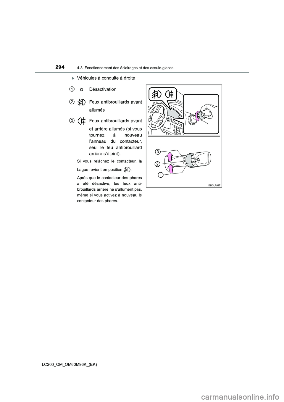 TOYOTA LAND CRUISER 2015  Manuel du propriétaire (in French) 2944-3. Fonctionnement des éclairages et des essuie-glaces
LC200_OM_OM60M96K_(EK)
�XVéhicules à conduite à droiteDésactivation
Feux antibrouillards avant
allumés
Feux antibrouillards avant
et ar
