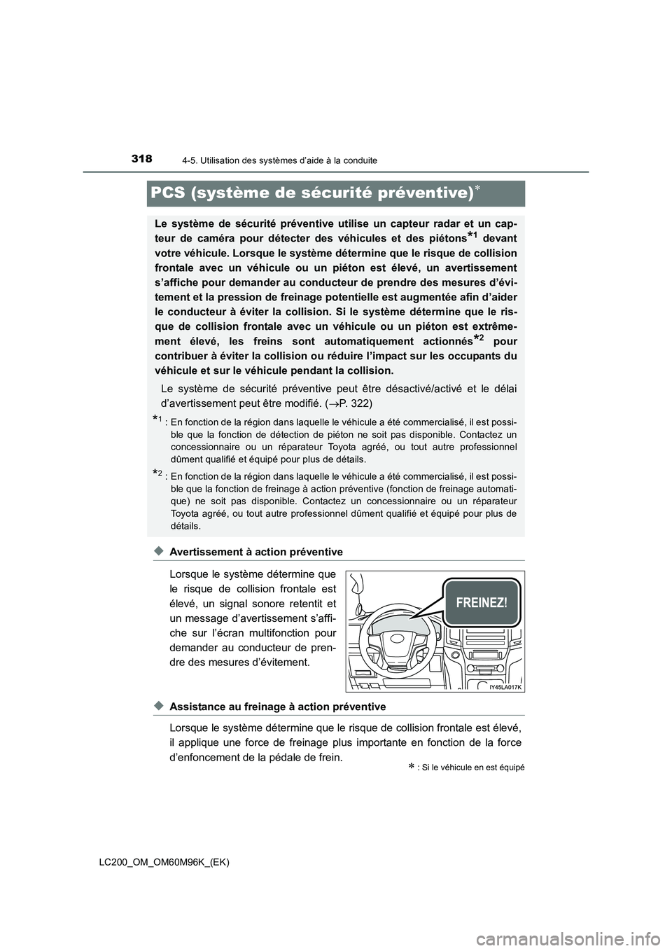 TOYOTA LAND CRUISER 2015 Manuel du propriétaire (in French) 3184-5. Utilisation des systèmes d’aide à la conduite
LC200_OM_OM60M96K_(EK)
PCS (système de sécurité préventive)∗
◆Avertissement à action préventive
Lorsque le système détermine que
l TOYOTA LAND CRUISER 2015 Manuel du propriétaire (in French) 3184-5. Utilisation des systèmes d’aide à la conduite
LC200_OM_OM60M96K_(EK)
PCS (système de sécurité préventive)∗
◆Avertissement à action préventive
Lorsque le système détermine que
l