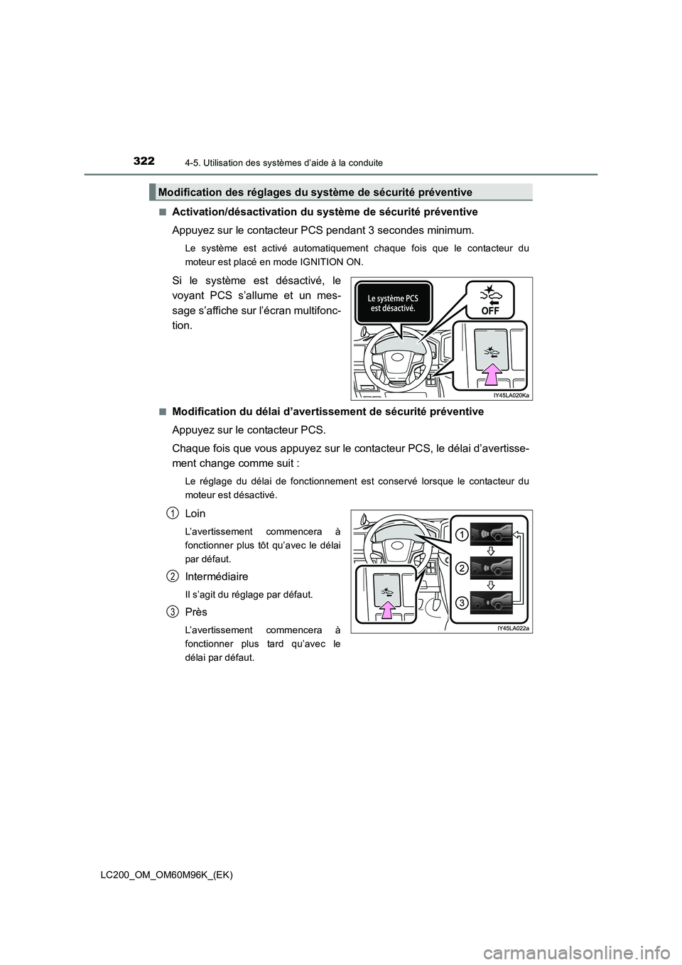 TOYOTA LAND CRUISER 2015 Manuel du propriétaire (in French) 3224-5. Utilisation des systèmes d’aide à la conduite
LC200_OM_OM60M96K_(EK)■
Activation/désactivation du
système de sécurité préventive
Appuyez sur le contacteur PCS pendant 3 secondes mi TOYOTA LAND CRUISER 2015 Manuel du propriétaire (in French) 3224-5. Utilisation des systèmes d’aide à la conduite
LC200_OM_OM60M96K_(EK)■
Activation/désactivation du
système de sécurité préventive
Appuyez sur le contacteur PCS pendant 3 secondes mi