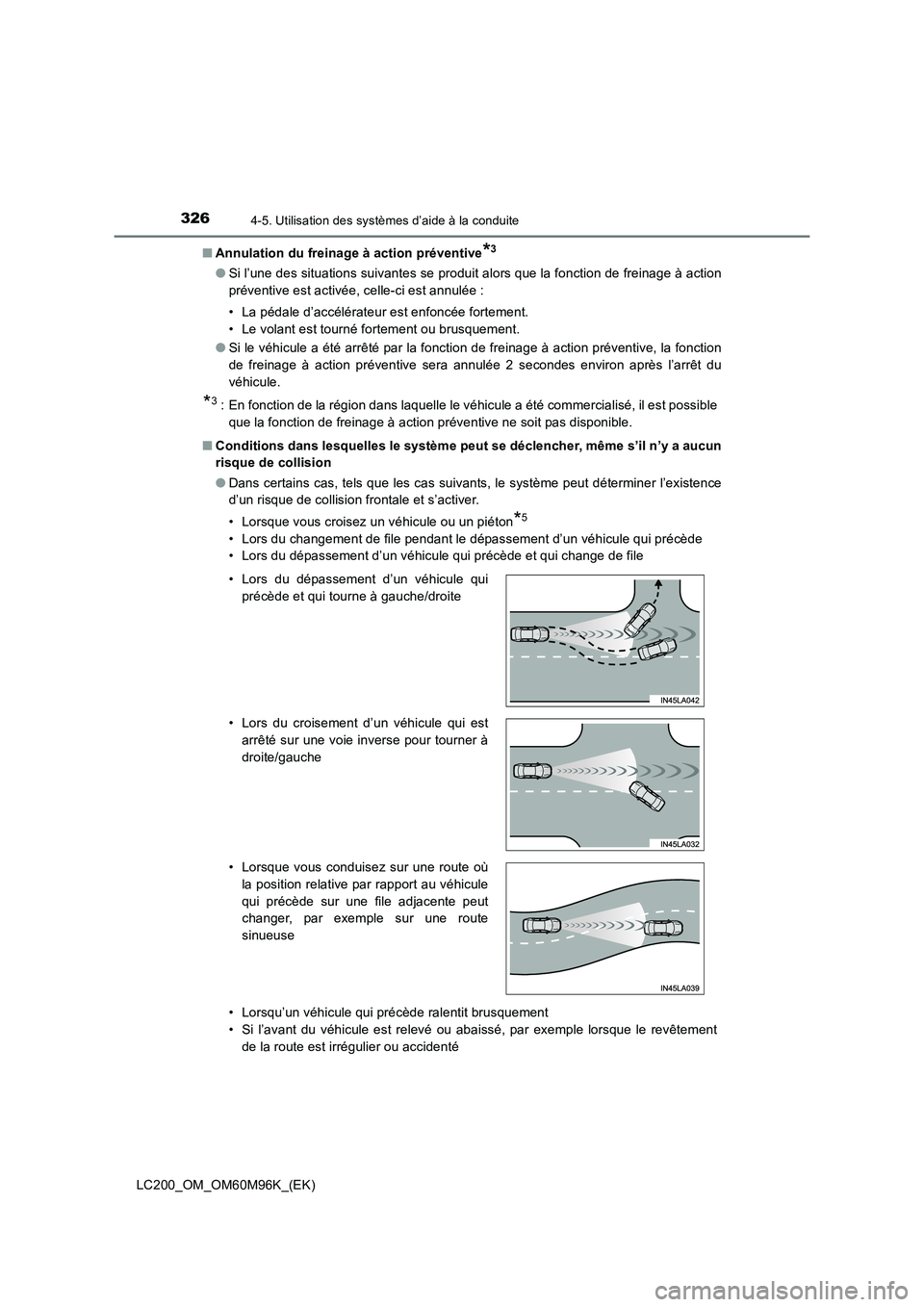 TOYOTA LAND CRUISER 2015  Manuel du propriétaire (in French) 3264-5. Utilisation des systèmes d’aide à la conduite
LC200_OM_OM60M96K_(EK)■
Annulation du freinage à action préventive
*3
●Si l’une des situations suivantes se produit alors que la fonct