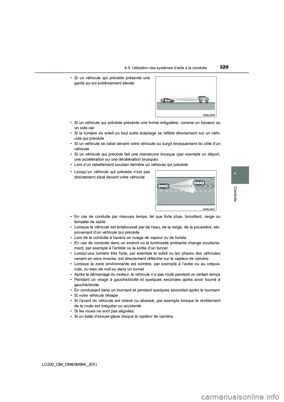 TOYOTA LAND CRUISER 2015  Manuel du propriétaire (in French) 3294-5. Utilisation des systèmes d’aide à la conduite
4
Conduite
LC200_OM_OM60M96K_(EK)• Si un véhicule qui précède présente une forme irrégulière, comme un tracteur ou
un side-car
• Si 