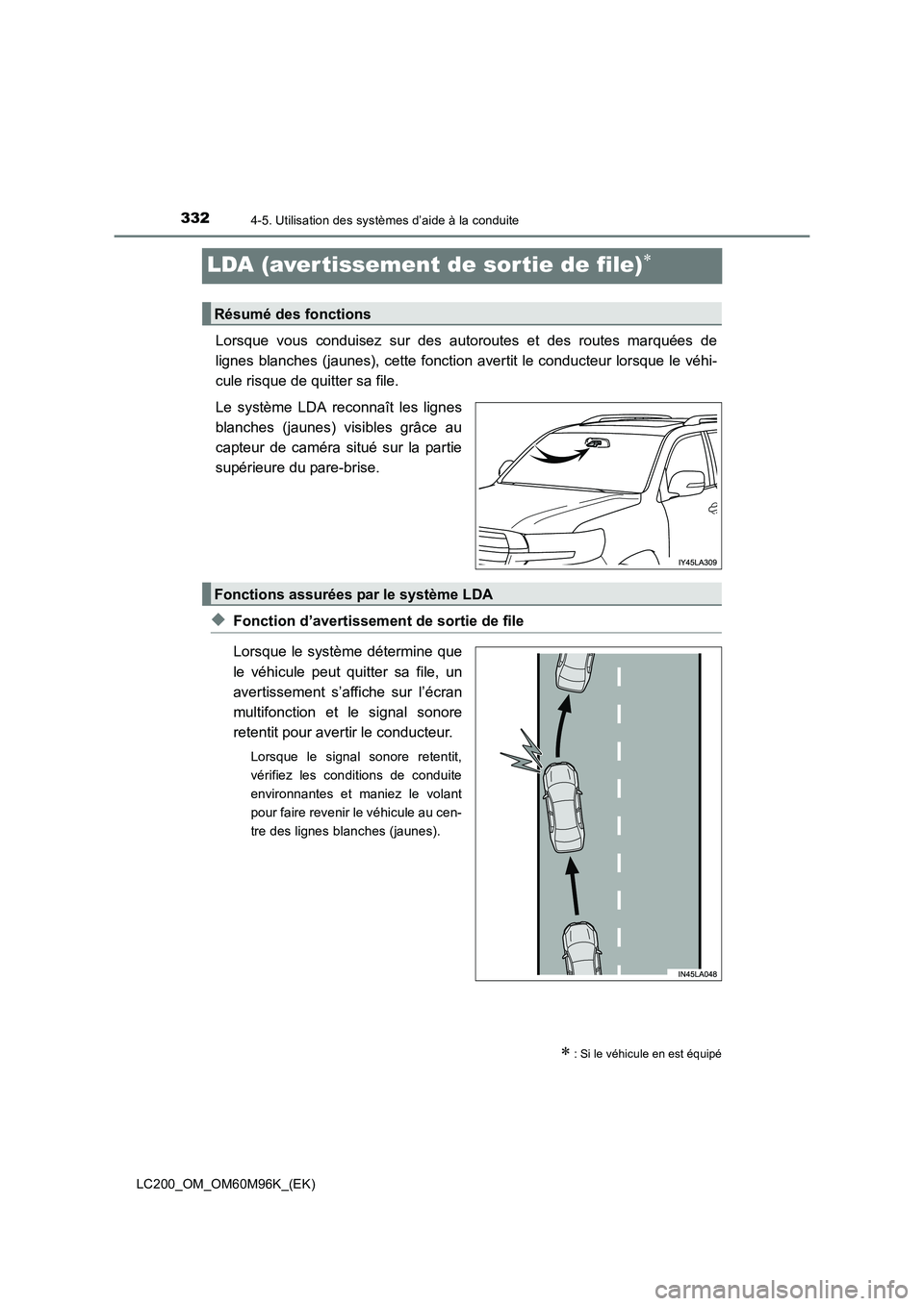 TOYOTA LAND CRUISER 2015 Manuel du propriétaire (in French) 3324-5. Utilisation des systèmes d’aide à la conduite
LC200_OM_OM60M96K_(EK)
LDA (aver tissement de sortie de file)∗
Lorsque vous conduisez sur des autoroutes et des routes marquées de
lignes b TOYOTA LAND CRUISER 2015 Manuel du propriétaire (in French) 3324-5. Utilisation des systèmes d’aide à la conduite
LC200_OM_OM60M96K_(EK)
LDA (aver tissement de sortie de file)∗
Lorsque vous conduisez sur des autoroutes et des routes marquées de
lignes b