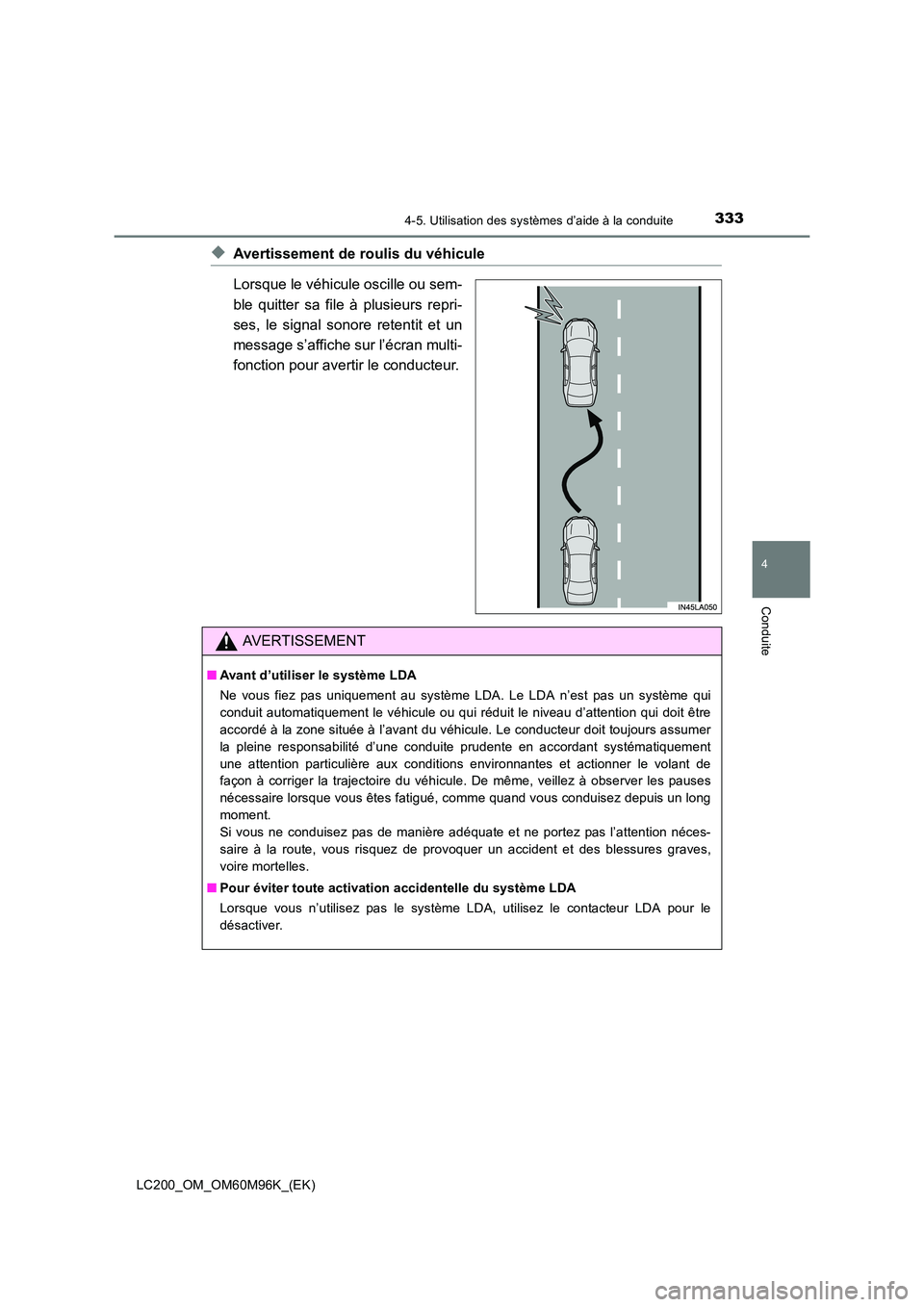 TOYOTA LAND CRUISER 2015 Manuel du propriétaire (in French) 3334-5. Utilisation des systèmes d’aide à la conduite
4
Conduite
LC200_OM_OM60M96K_(EK)
◆Avertissement de roulis du véhicule
Lorsque le véhicule oscille ou sem-
ble quitter sa file à plusieur TOYOTA LAND CRUISER 2015 Manuel du propriétaire (in French) 3334-5. Utilisation des systèmes d’aide à la conduite
4
Conduite
LC200_OM_OM60M96K_(EK)
◆Avertissement de roulis du véhicule
Lorsque le véhicule oscille ou sem-
ble quitter sa file à plusieur