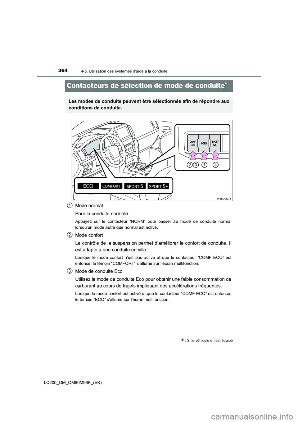 TOYOTA LAND CRUISER 2015 Manuel du propriétaire (in French) 3644-5. Utilisation des systèmes d’aide à la conduite
LC200_OM_OM60M96K_(EK)
Contacteurs de sélection de mode de conduite∗
Mode normal
Pour la conduite normale.
Appuyez sur le contacteur “NOR TOYOTA LAND CRUISER 2015 Manuel du propriétaire (in French) 3644-5. Utilisation des systèmes d’aide à la conduite
LC200_OM_OM60M96K_(EK)
Contacteurs de sélection de mode de conduite∗
Mode normal
Pour la conduite normale.
Appuyez sur le contacteur “NOR