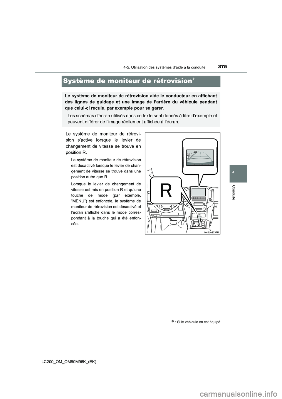 TOYOTA LAND CRUISER 2015  Manuel du propriétaire (in French) 375
4
4-5. Utilisation des systèmes d’aide à la conduite
Conduite
LC200_OM_OM60M96K_(EK)
Système de moniteur de rétrovision∗
Le système de moniteur de rétrovi-
sion s’active lorsque le lev