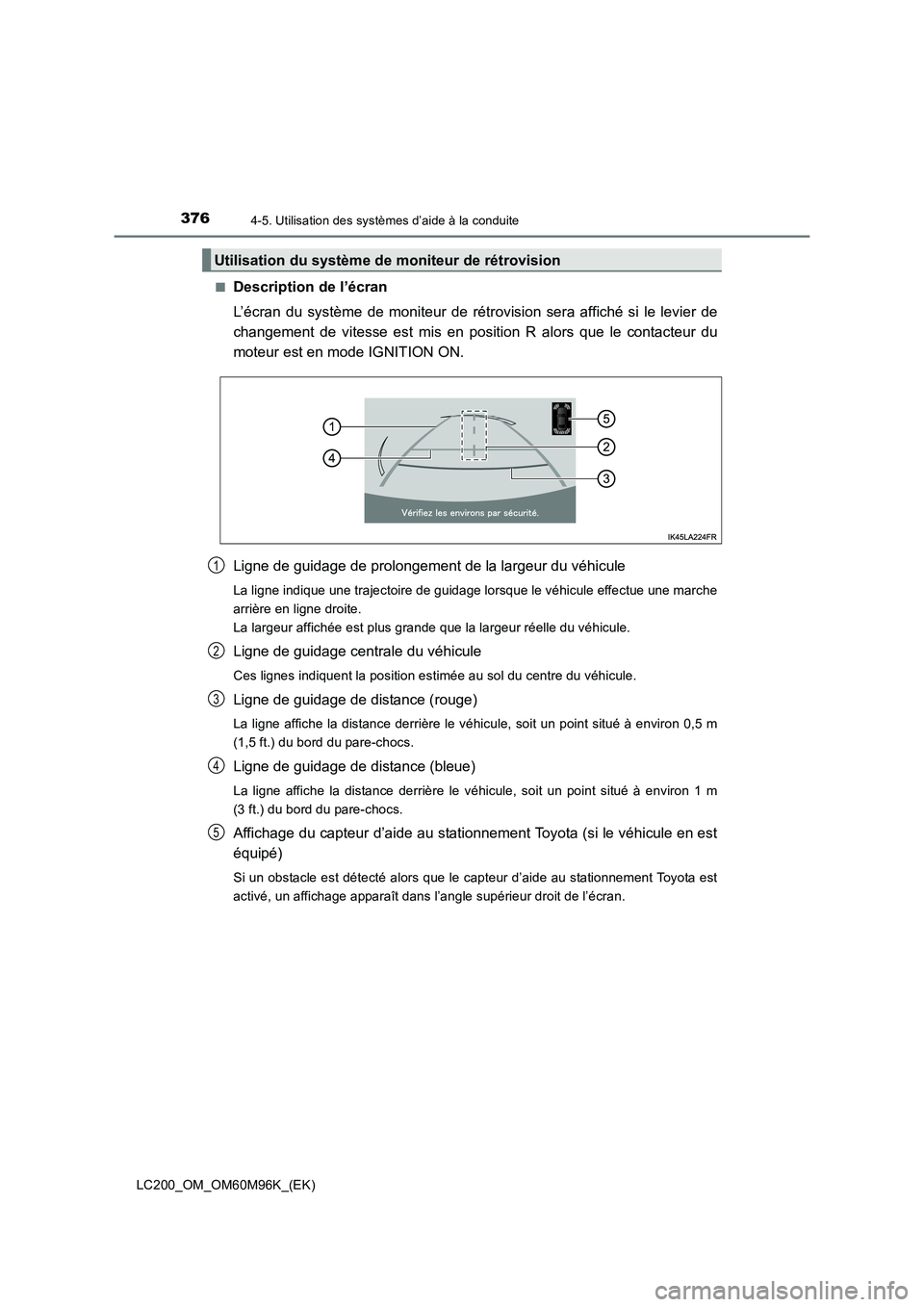 TOYOTA LAND CRUISER 2015  Manuel du propriétaire (in French) 3764-5. Utilisation des systèmes d’aide à la conduite
LC200_OM_OM60M96K_(EK)■
Description de l’écran
L’écran du système de moniteur de rétrovision sera affiché si le levier de
changemen