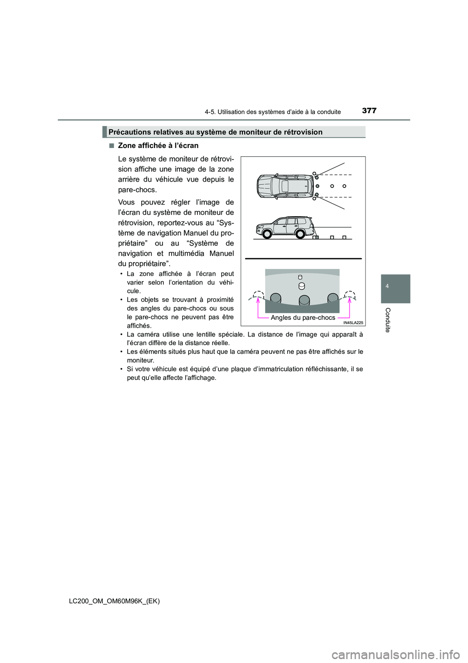 TOYOTA LAND CRUISER 2015  Manuel du propriétaire (in French) 3774-5. Utilisation des systèmes d’aide à la conduite
4
Conduite
LC200_OM_OM60M96K_(EK)■
Zone affichée à l’écran
Le système de moniteur de rétrovi-
sion affiche une image de la zone
arri