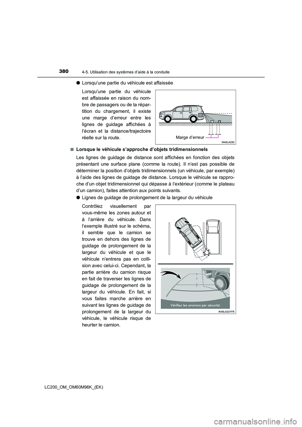 TOYOTA LAND CRUISER 2015  Manuel du propriétaire (in French) 3804-5. Utilisation des systèmes d’aide à la conduite
LC200_OM_OM60M96K_(EK)
●Lorsqu’une partie du véhicule est affaissée
Lorsqu’une partie du véhicule
est affaissée en raison du nom-
br