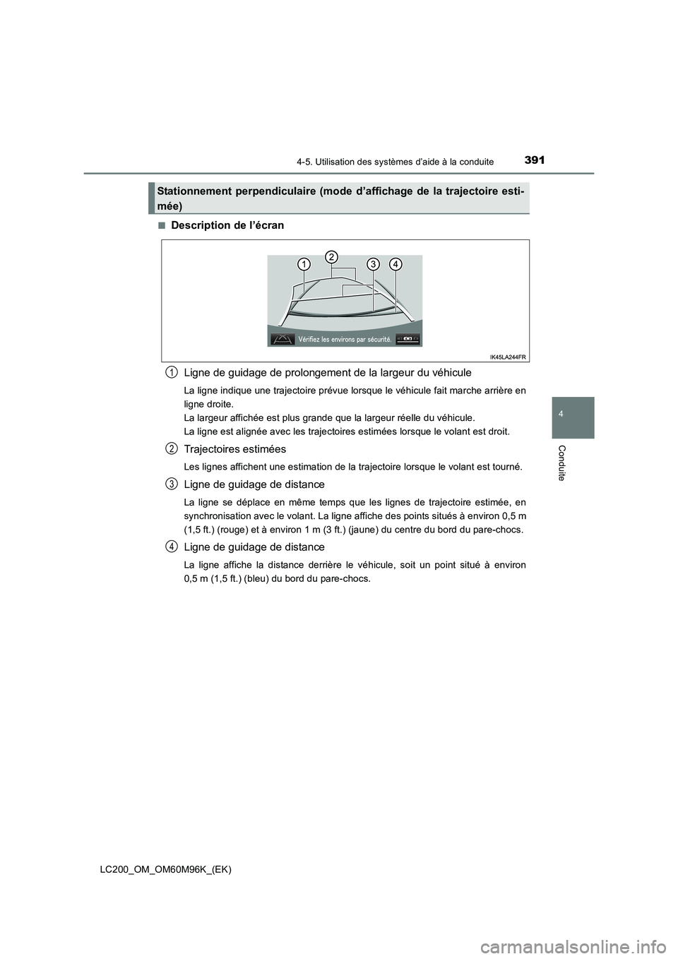 TOYOTA LAND CRUISER 2015  Manuel du propriétaire (in French) 3914-5. Utilisation des systèmes d’aide à la conduite
4
Conduite
LC200_OM_OM60M96K_(EK)■
Description de l’écran
Ligne de guidage de prolongement de la largeur du véhicule
La ligne indique un