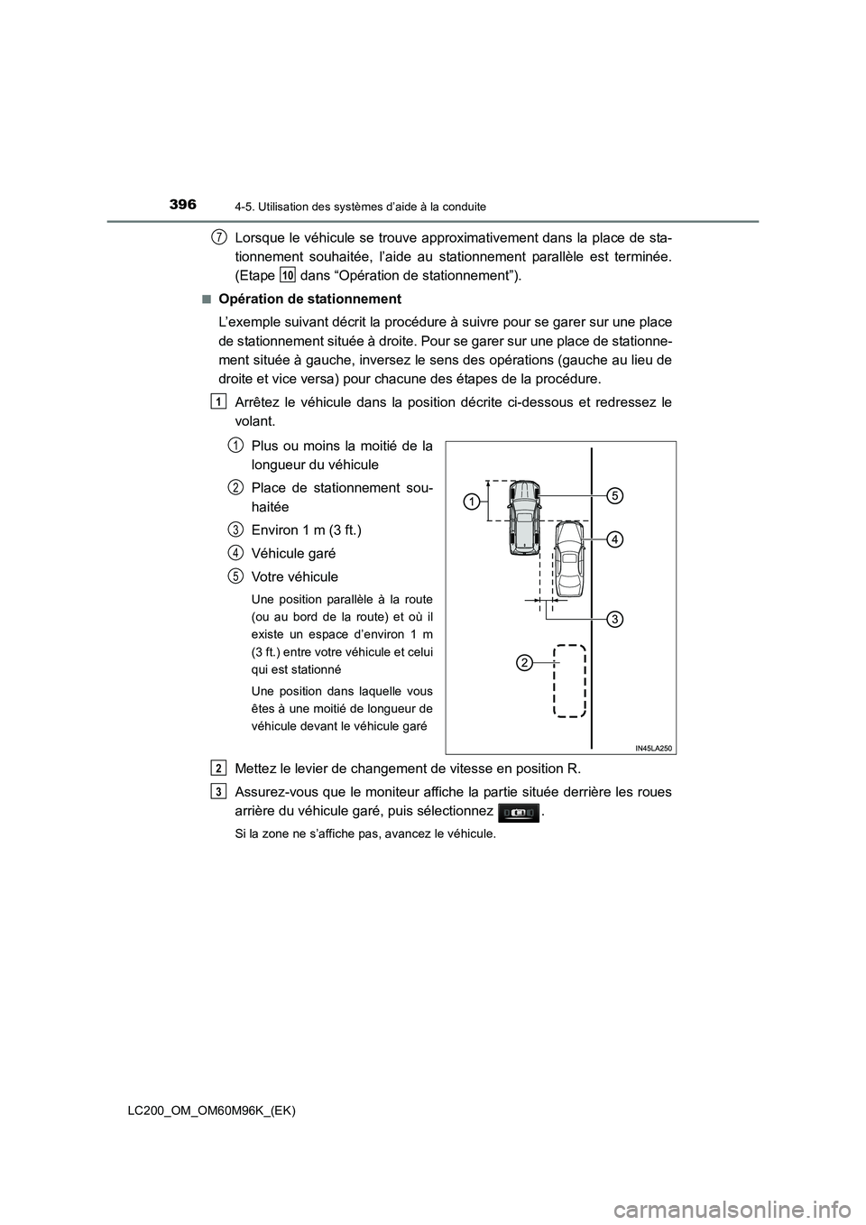 TOYOTA LAND CRUISER 2015  Manuel du propriétaire (in French) 3964-5. Utilisation des systèmes d’aide à la conduite
LC200_OM_OM60M96K_(EK)
Lorsque le véhicule se trouve approximativement dans la place de sta-
tionnement souhaitée, l’aide au stationnement