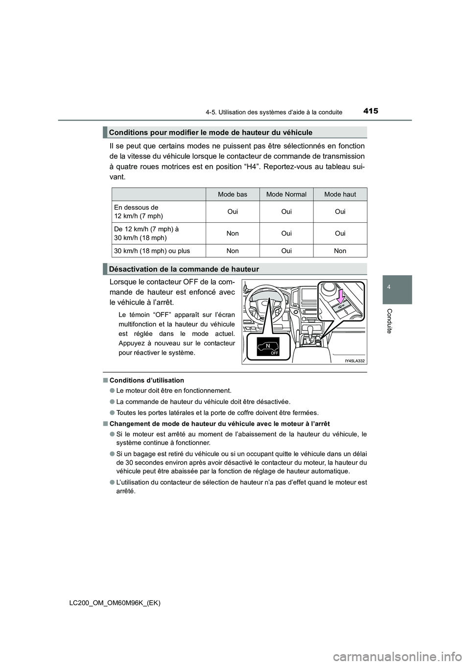 TOYOTA LAND CRUISER 2015 Manuel du propriétaire (in French) 4154-5. Utilisation des systèmes d’aide à la conduite
4
Conduite
LC200_OM_OM60M96K_(EK)
Il se peut que certains modes ne puissent pas être sélectionnés en fonction
de la vitesse du véhicule lo TOYOTA LAND CRUISER 2015 Manuel du propriétaire (in French) 4154-5. Utilisation des systèmes d’aide à la conduite
4
Conduite
LC200_OM_OM60M96K_(EK)
Il se peut que certains modes ne puissent pas être sélectionnés en fonction
de la vitesse du véhicule lo