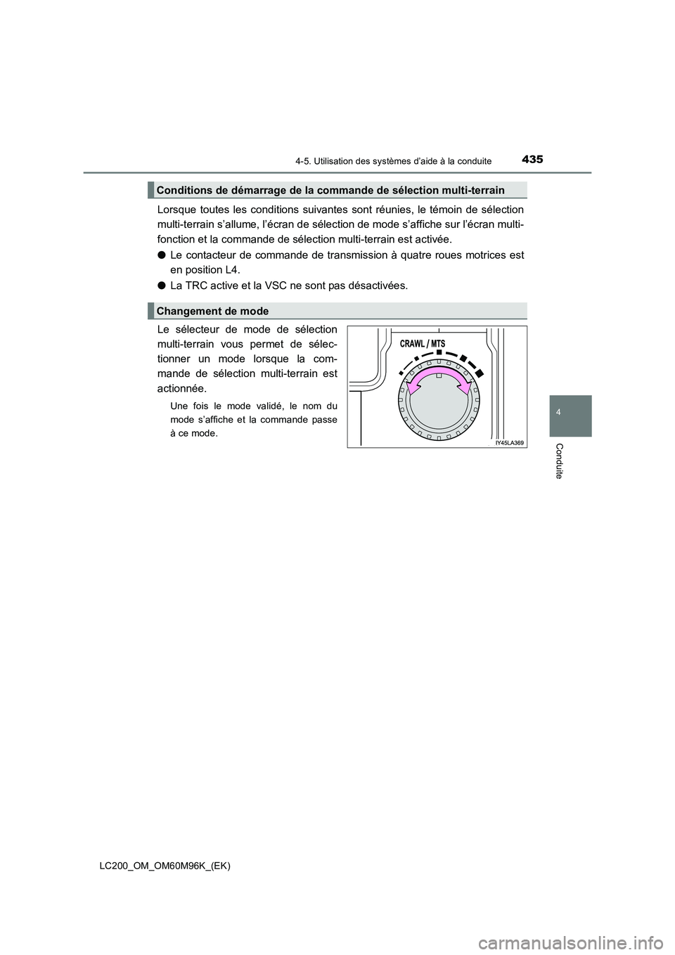 TOYOTA LAND CRUISER 2015  Manuel du propriétaire (in French) 4354-5. Utilisation des systèmes d’aide à la conduite
4
Conduite
LC200_OM_OM60M96K_(EK)
Lorsque toutes les conditions suivantes sont réunies, le témoin de sélection
multi-terrain s’allume, l