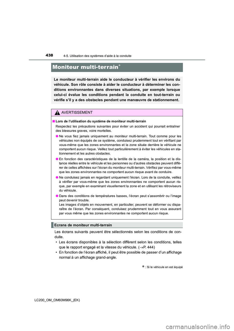 TOYOTA LAND CRUISER 2015  Manuel du propriétaire (in French) 4384-5. Utilisation des systèmes d’aide à la conduite
LC200_OM_OM60M96K_(EK)
Moniteur multi-terrain∗
Les écrans suivants peuvent être sélectionnés selon les conditions de con-
duite.• Les 